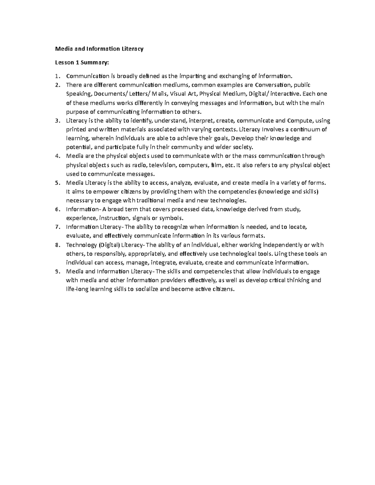 MIL-lesson 1 - MMM - Media and Information Literacy Lesson 1 Summary ...