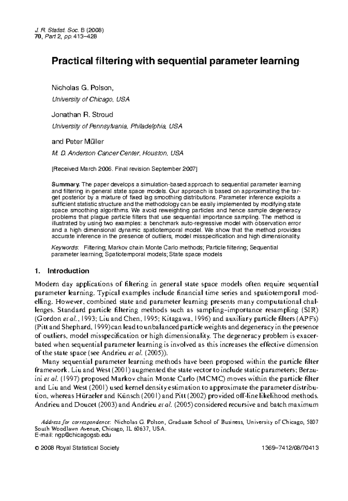 Practical filtering with sequential parameter learning 2008 Royal Statistical Society Studocu