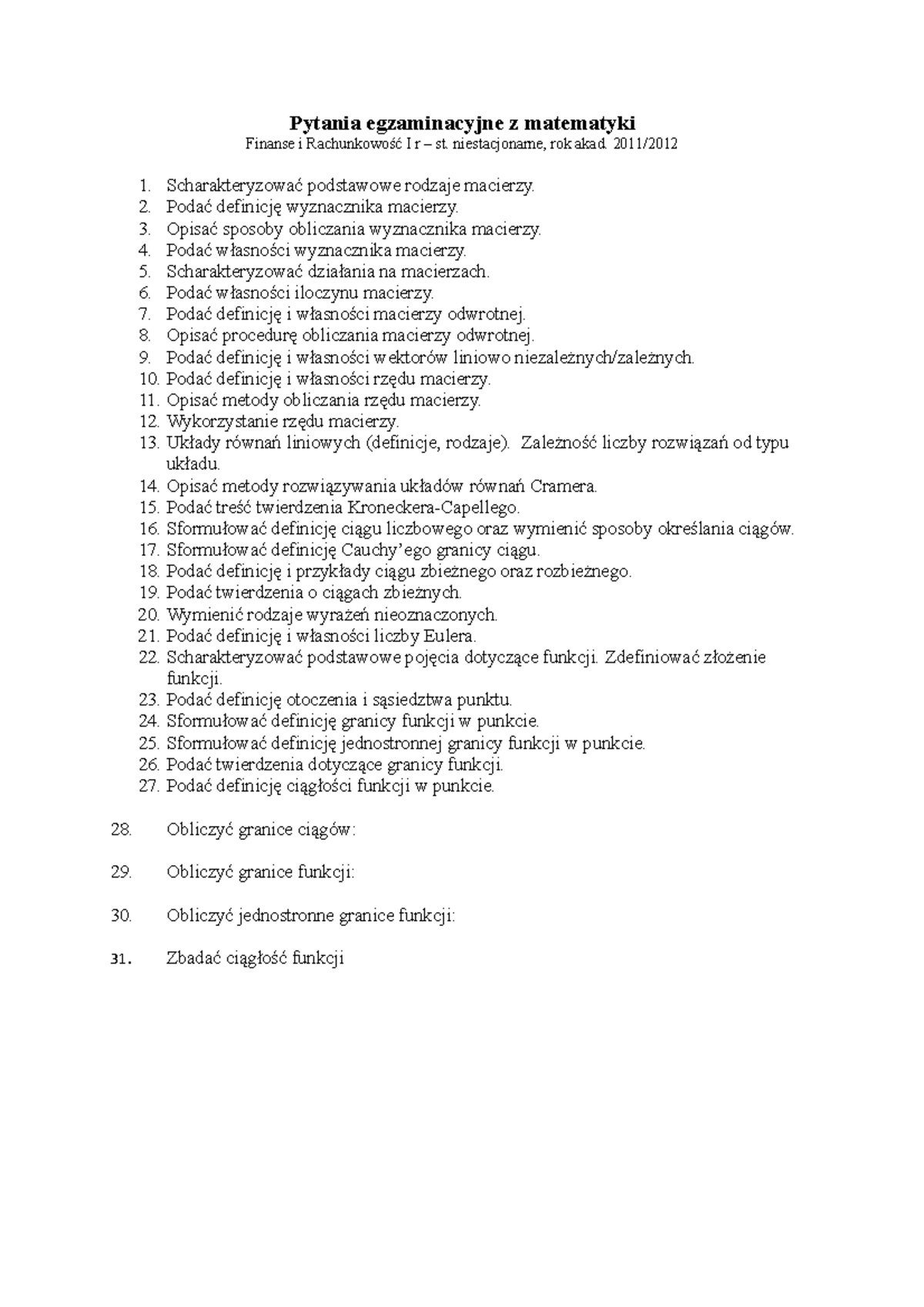 Pytania egzaminacyjne z matematyki Orzeszko - Pytania egzaminacyjne z