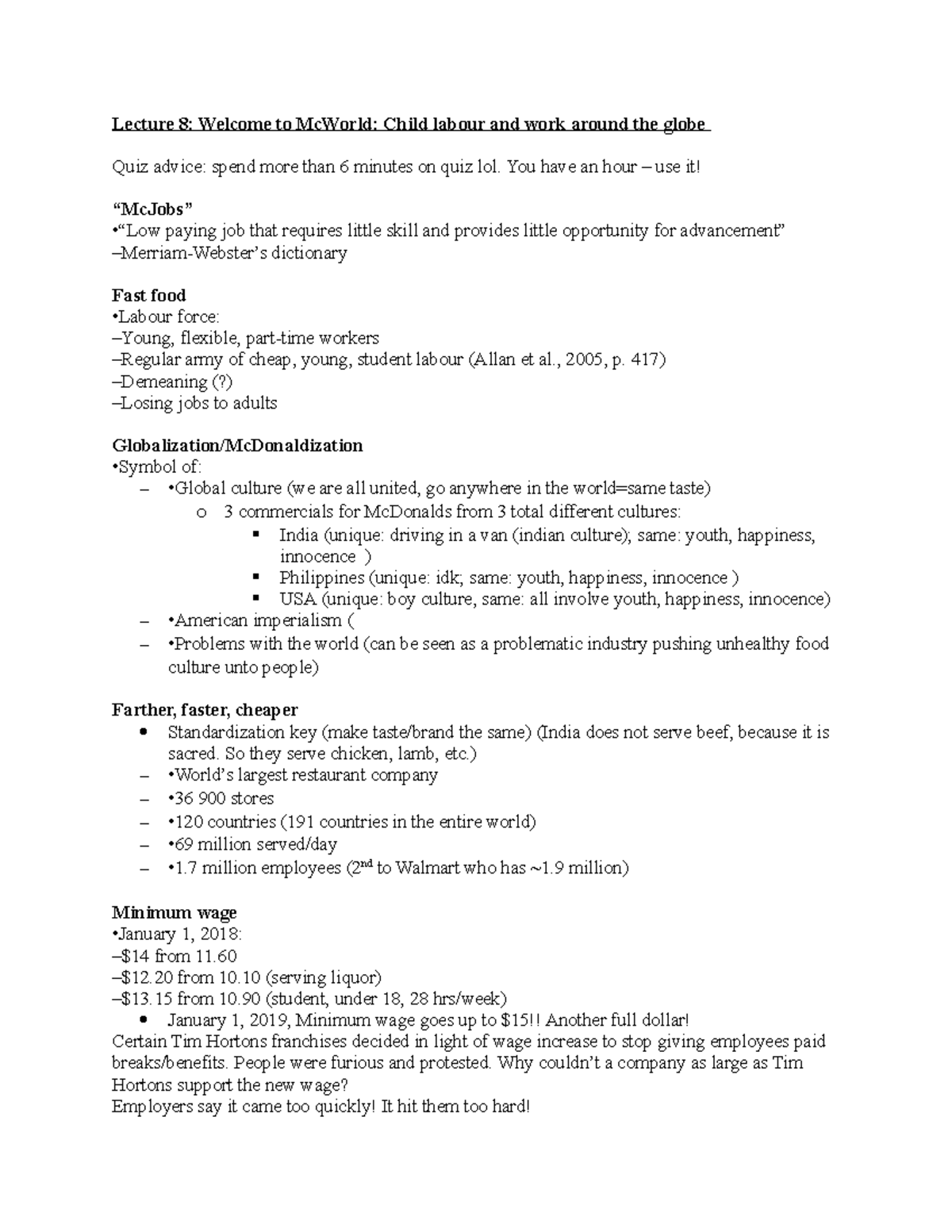 Lecture 8 - Lecture 8: Welcome to McWorld: Child labour and work around ...