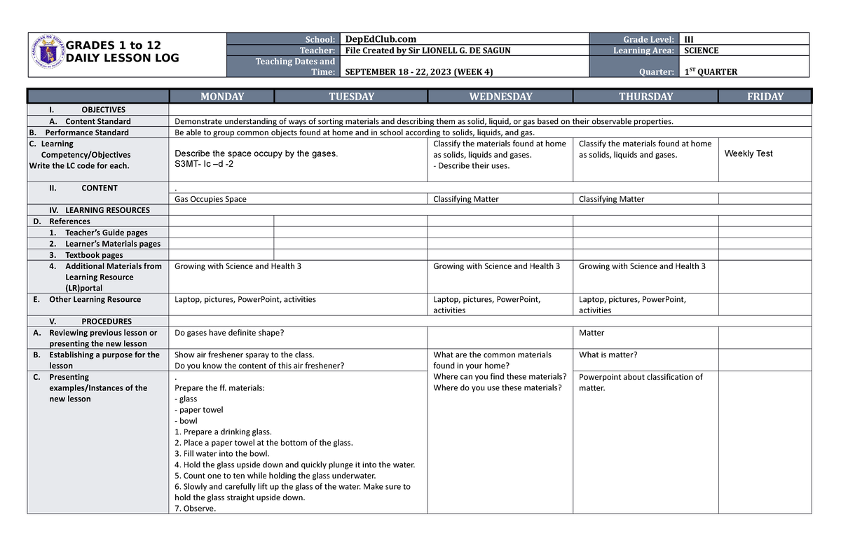 DLL Science 3 Q1 W4 - dll - GRADES 1 to 12 DAILY LESSON LOG School ...