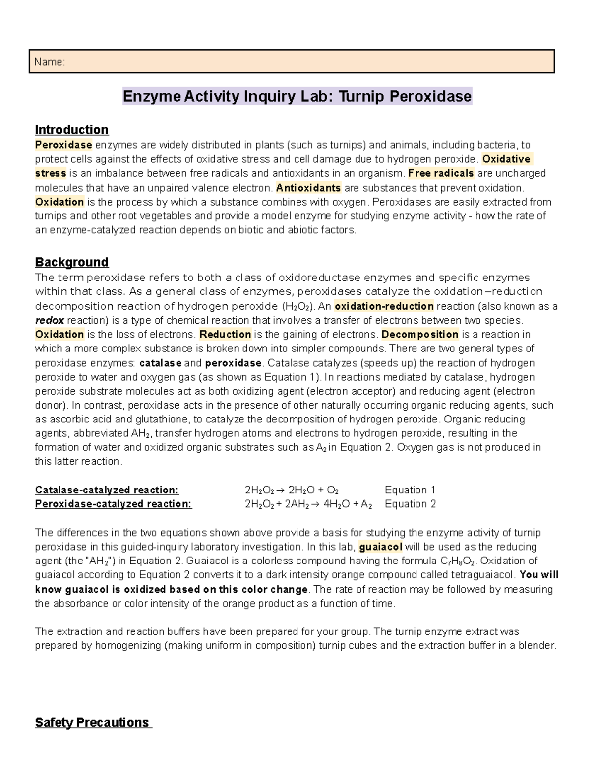 Copy of Turnip Peroxidase Lab 2021 2022 - Name: Enzyme Activity Inquiry ...