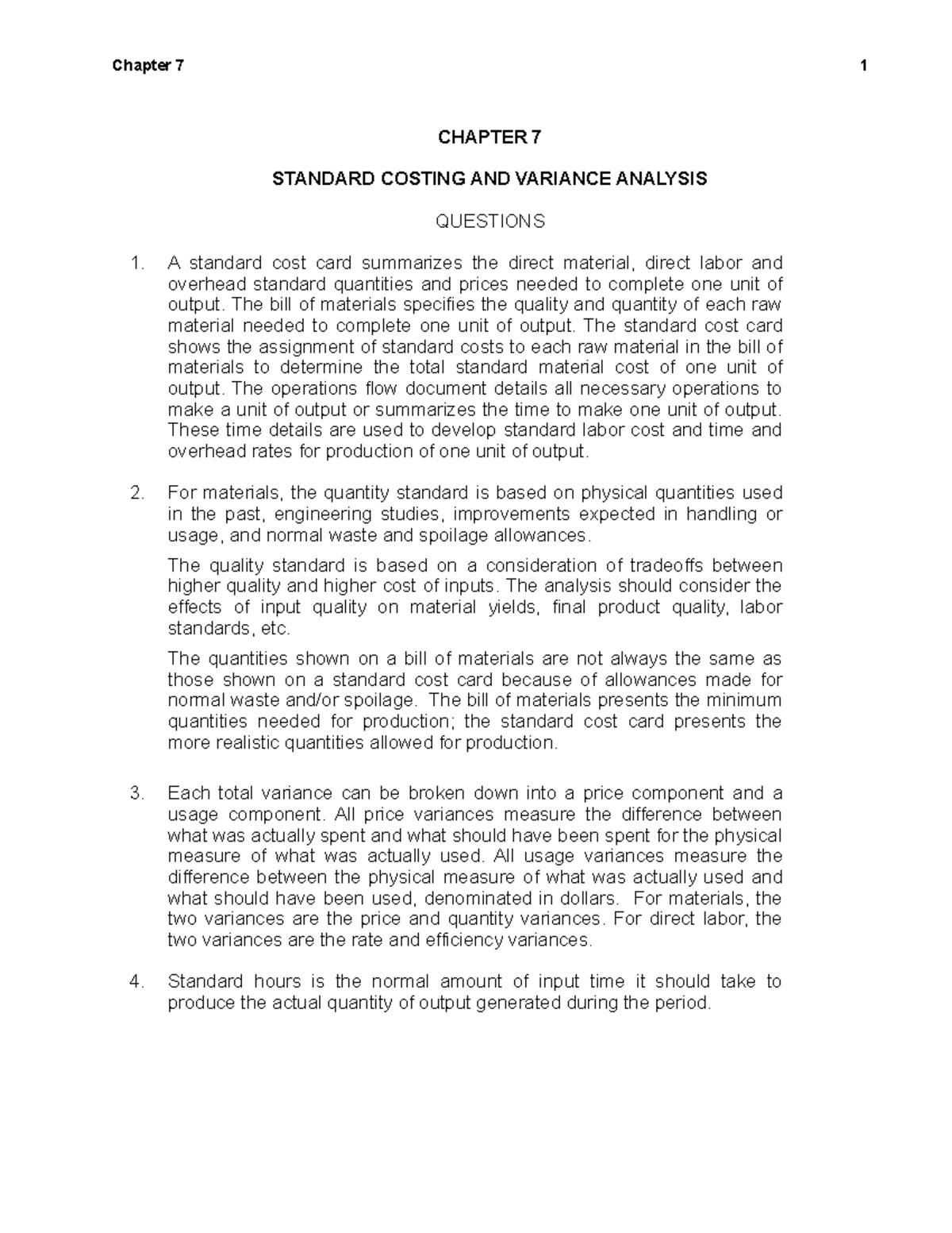 Chapter 07 - CHAPTER 7 STANDARD COSTING AND VARIANCE ANALYSIS QUESTIONS ...