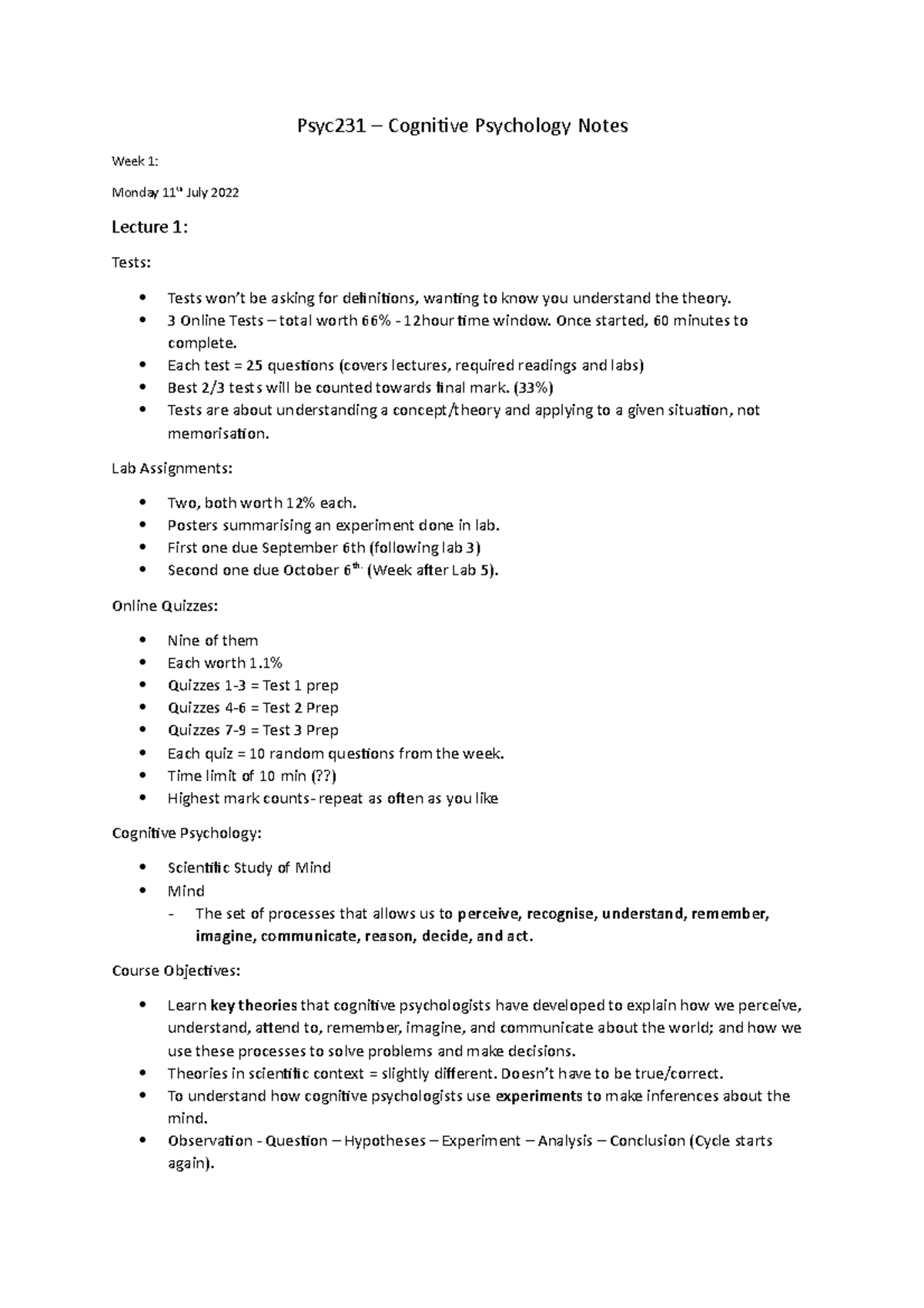 Psyc231 Notes - Psyc231 – Cognitive Psychology Notes Week 1: Monday ...