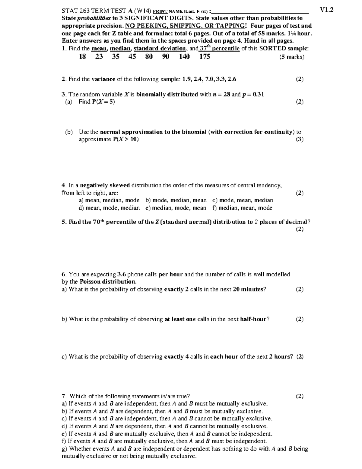 14 W Termtest 3 - Term tests - STAT 263 TERM TEST A (W14) PRINT NAME ...