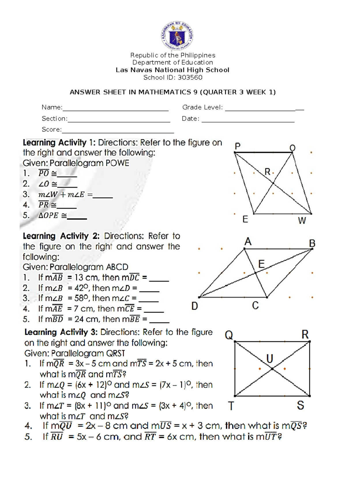 Answer sheet math 9 week 1 - Bachelor in Secondary Education - p ...