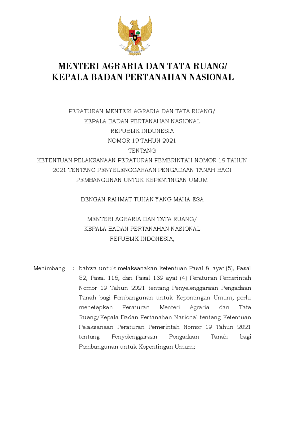 Peraturan Menteri ATR KBPN No 19 Tahun 2021 Tentang Pengadaan Tanah ...