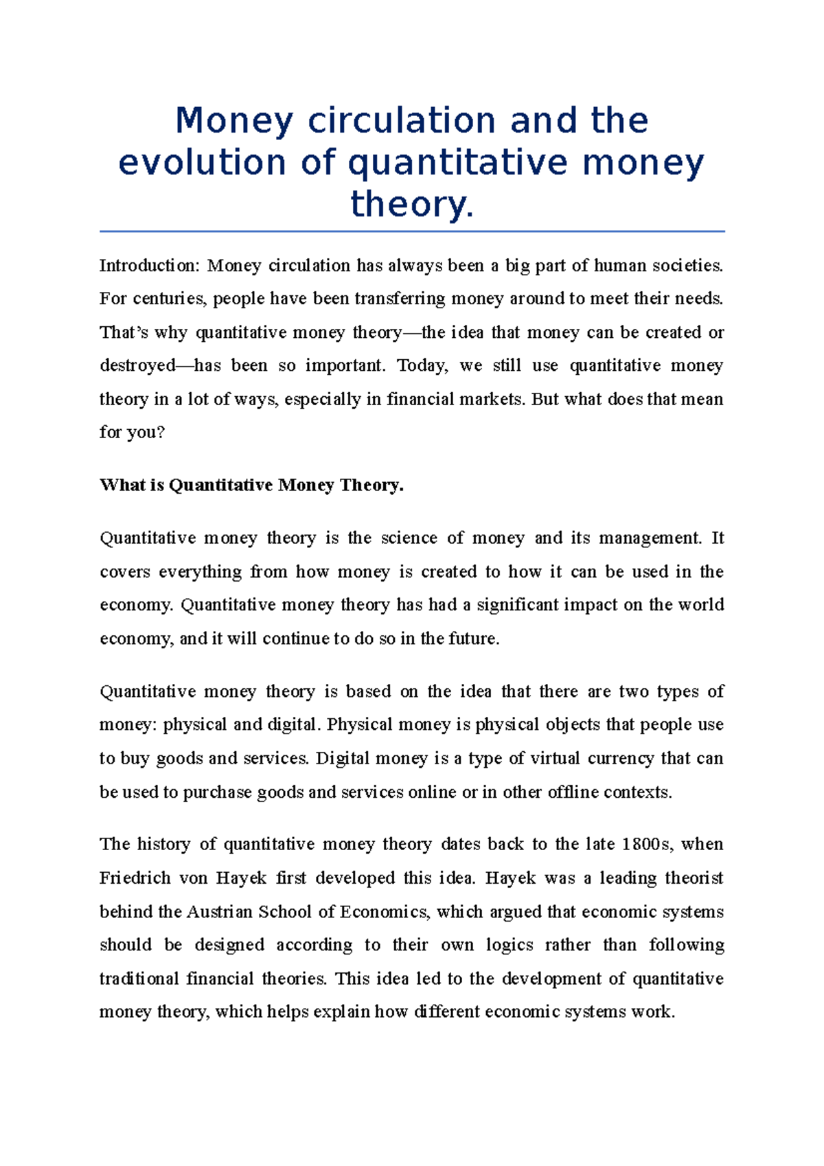 Money circulation and the evolution of quantitative money theory ...