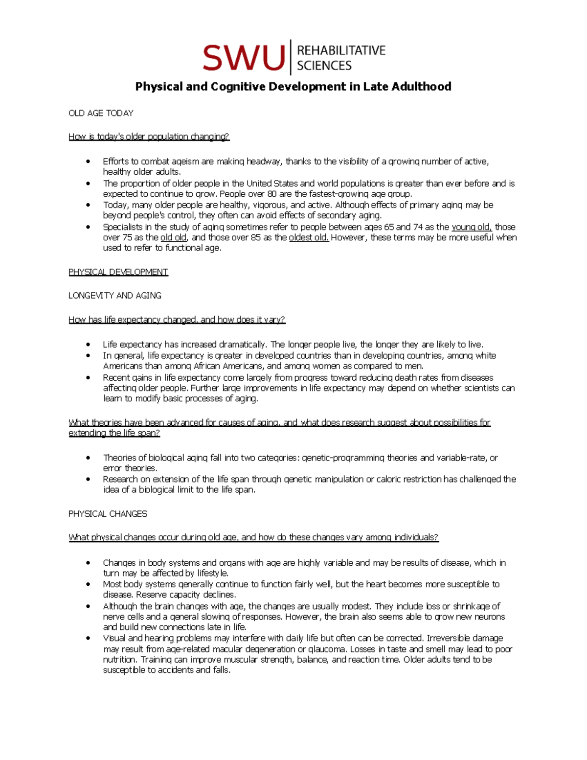 Late Adulthood Notes - Physical and Cognitive Development in Late ...
