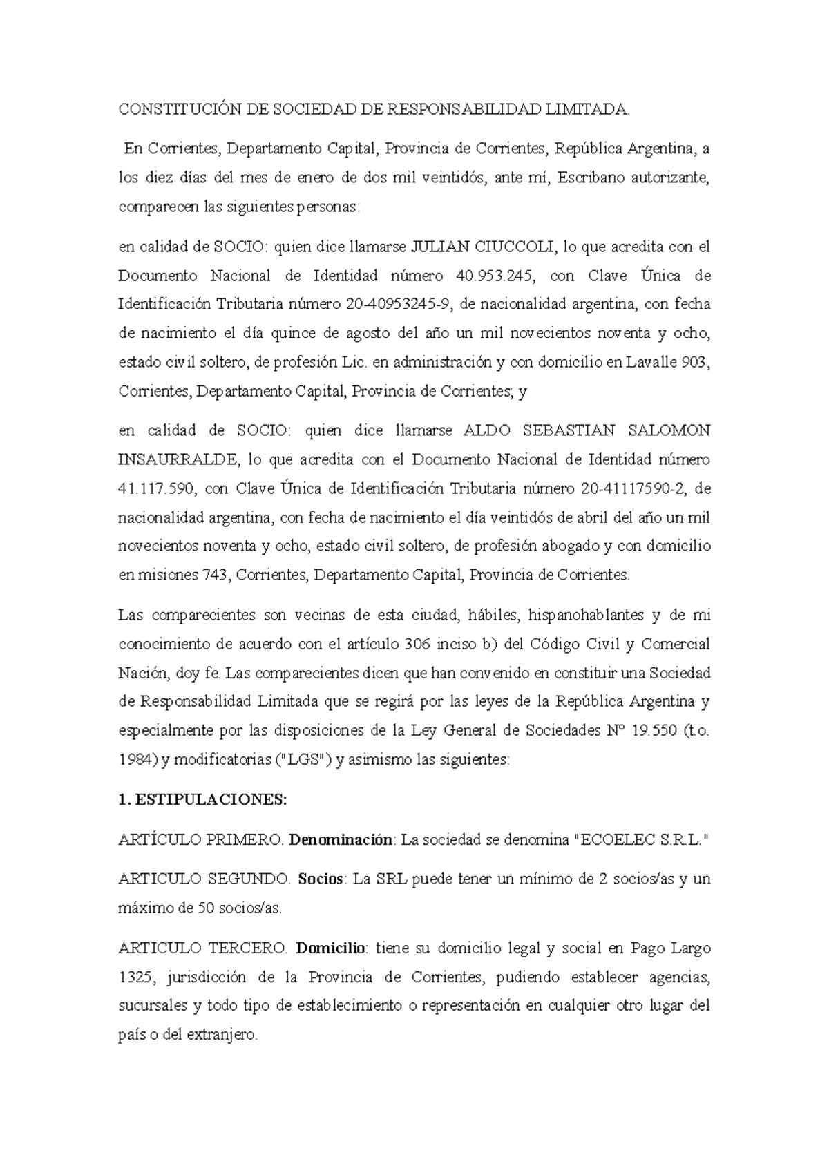 Contrato Constitutivo Ecoelec SRL - CONSTITUCIÓN DE SOCIEDAD DE ...