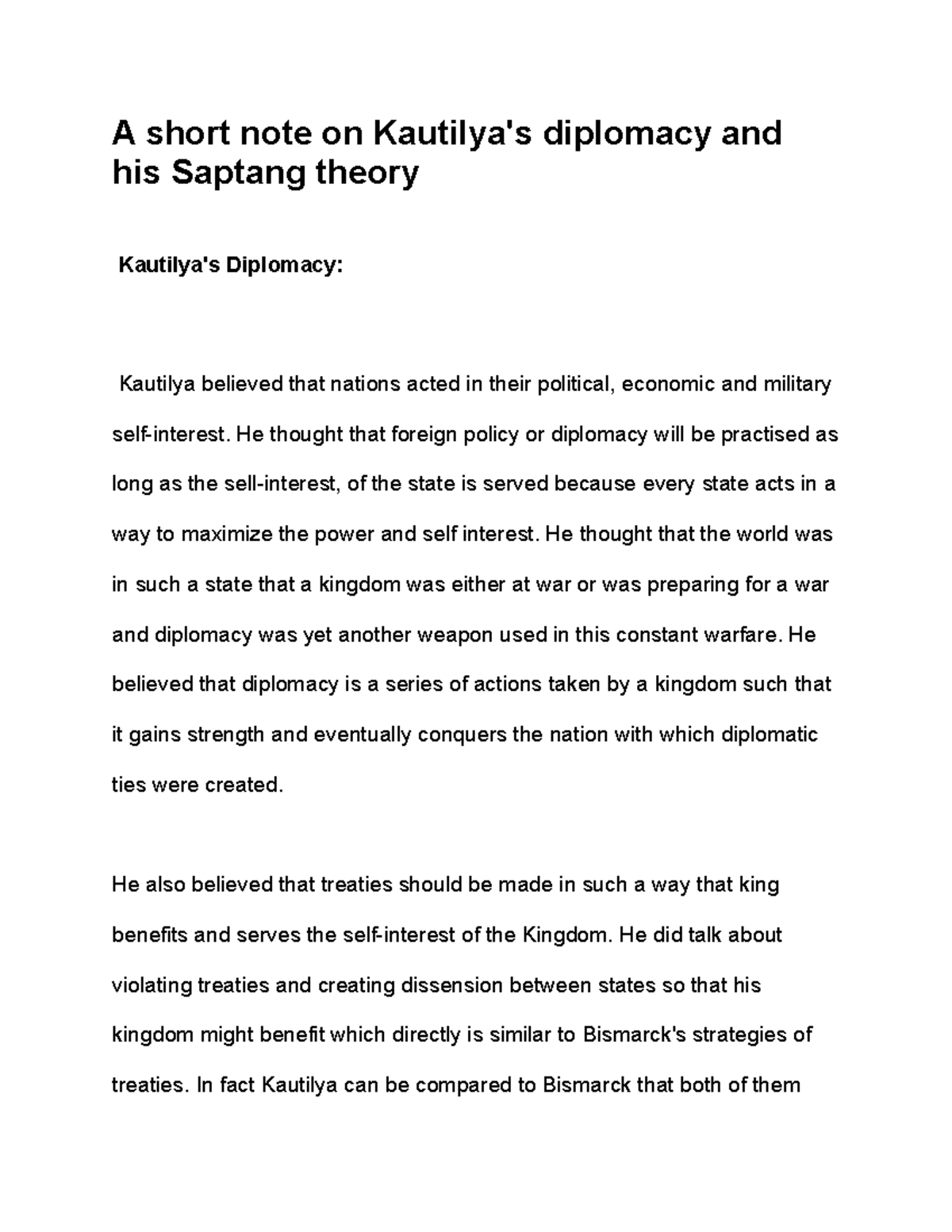 A Short Note On Kautilya s Diplomacy And His Saptang Theory A Short