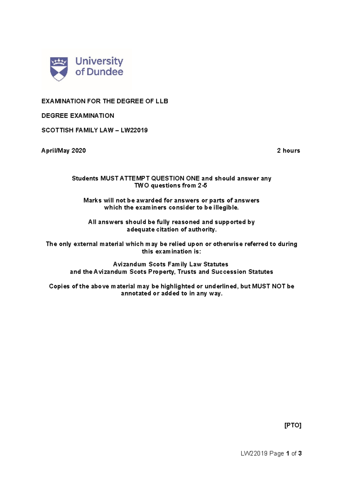 2020 EXAM - 2020 exam paper - EXAMINATION FOR THE DEGREE OF LLB DEGREE ...