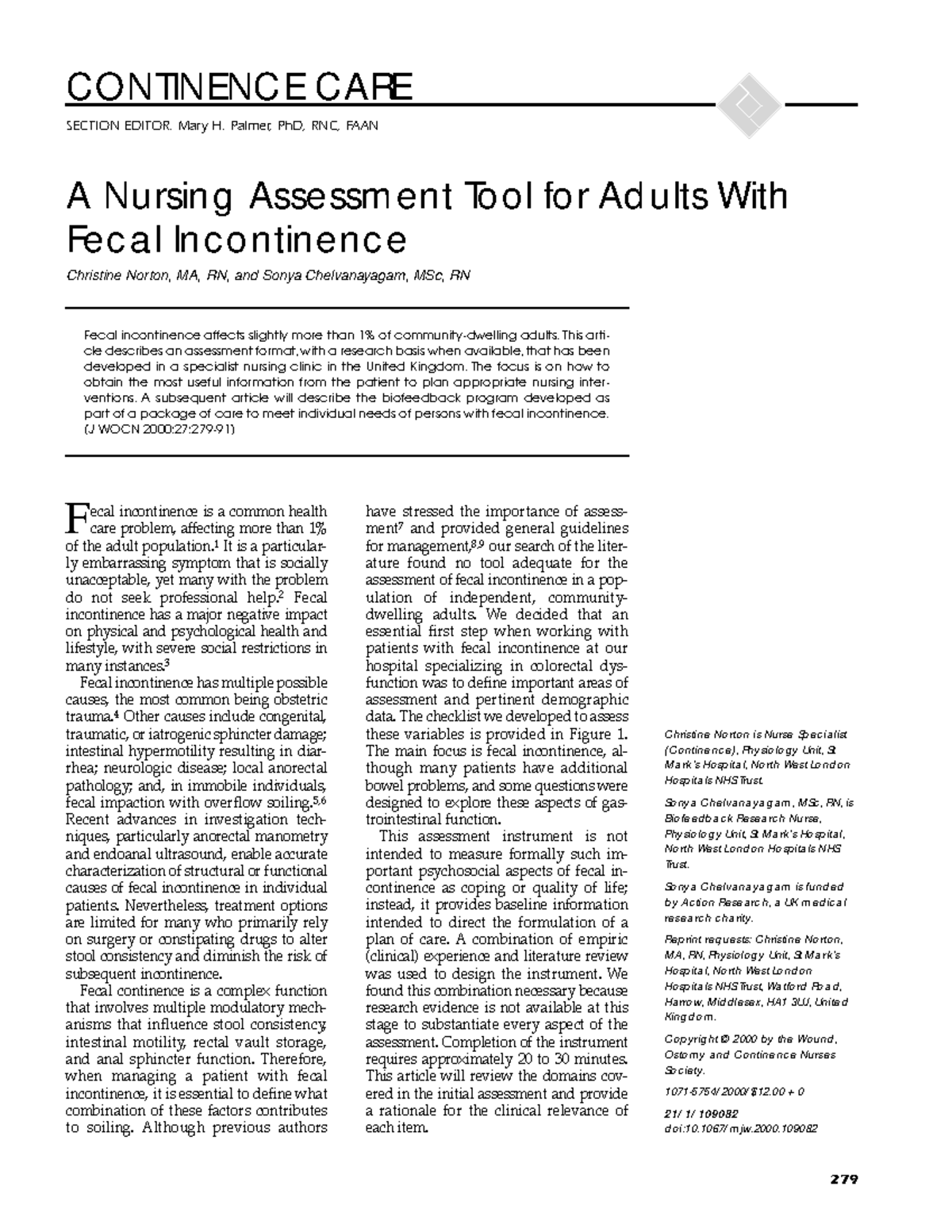 Nursing Assessment Tool for Adults With Fecal Incontinence F ecal