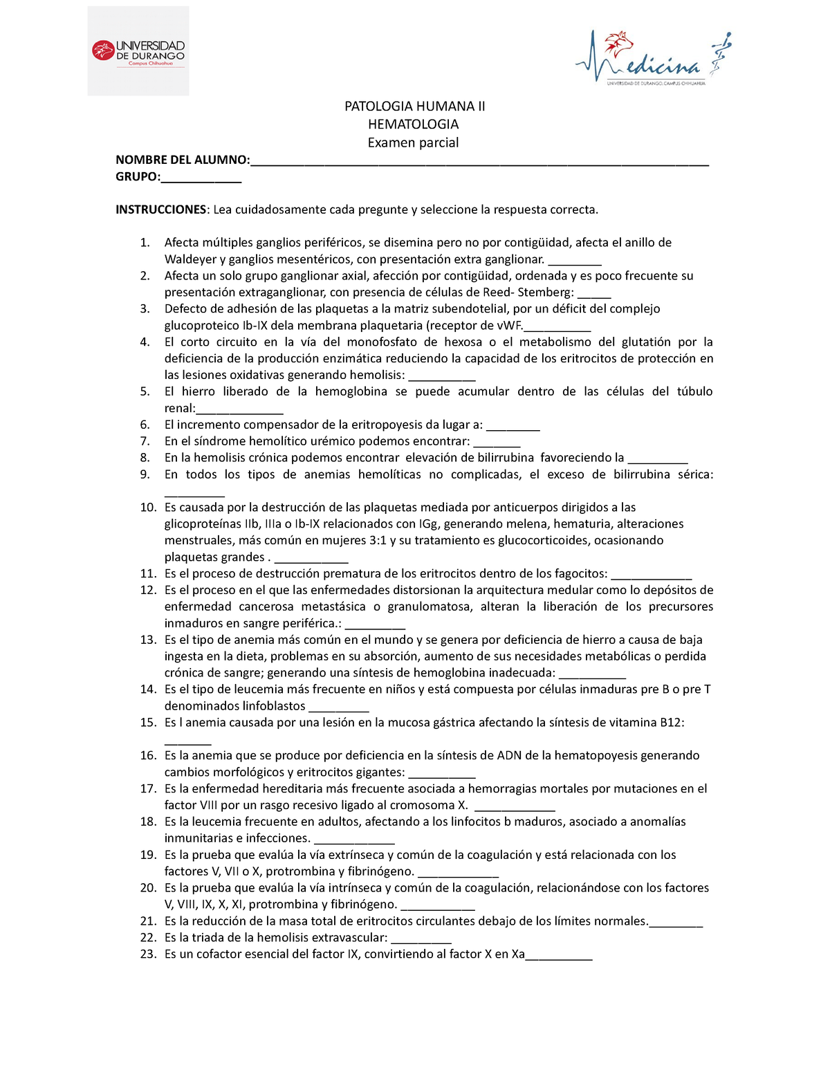 Patologia Humana Ii Examen Banco De Preguntas Patologia Humana Ii Hematologia Examen Parcial