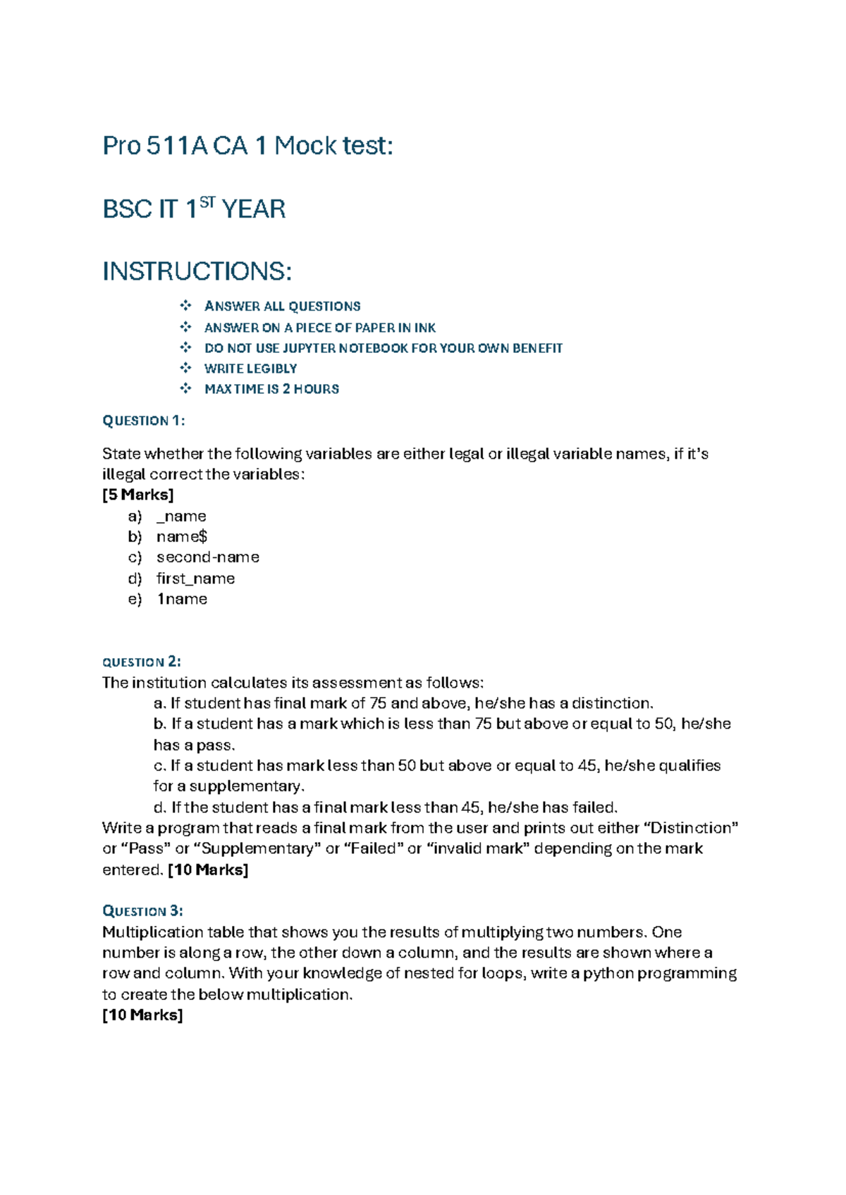 Pro 511A CA 1 Mock test - Pro 511A CA 1 Mock test: BSC IT 1 ST YEAR ...