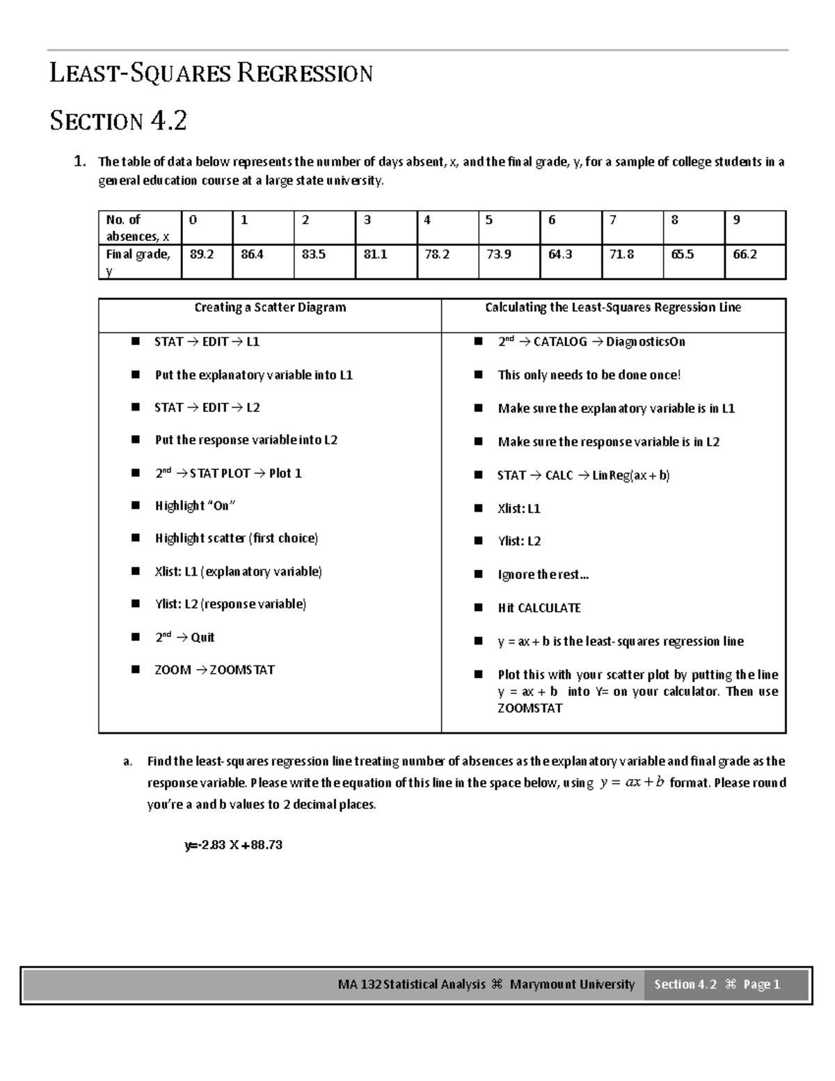 Math Handout 4.2 - Ma 132 Statistical Analysis Marymount University 