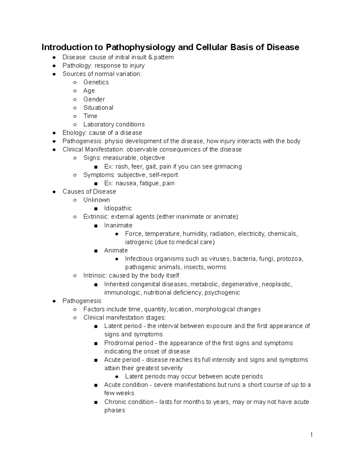 Patho Exam 1 Study Guide - Introduction To Pathophysiology And Cellular ...