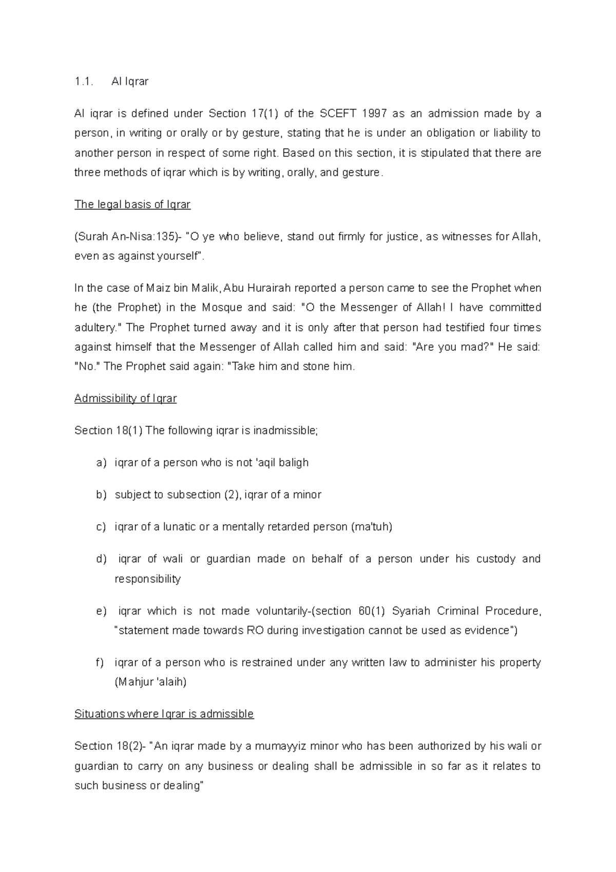 Islamic Evidence notes Al Iqrar Al iqrar is defined under Section 17