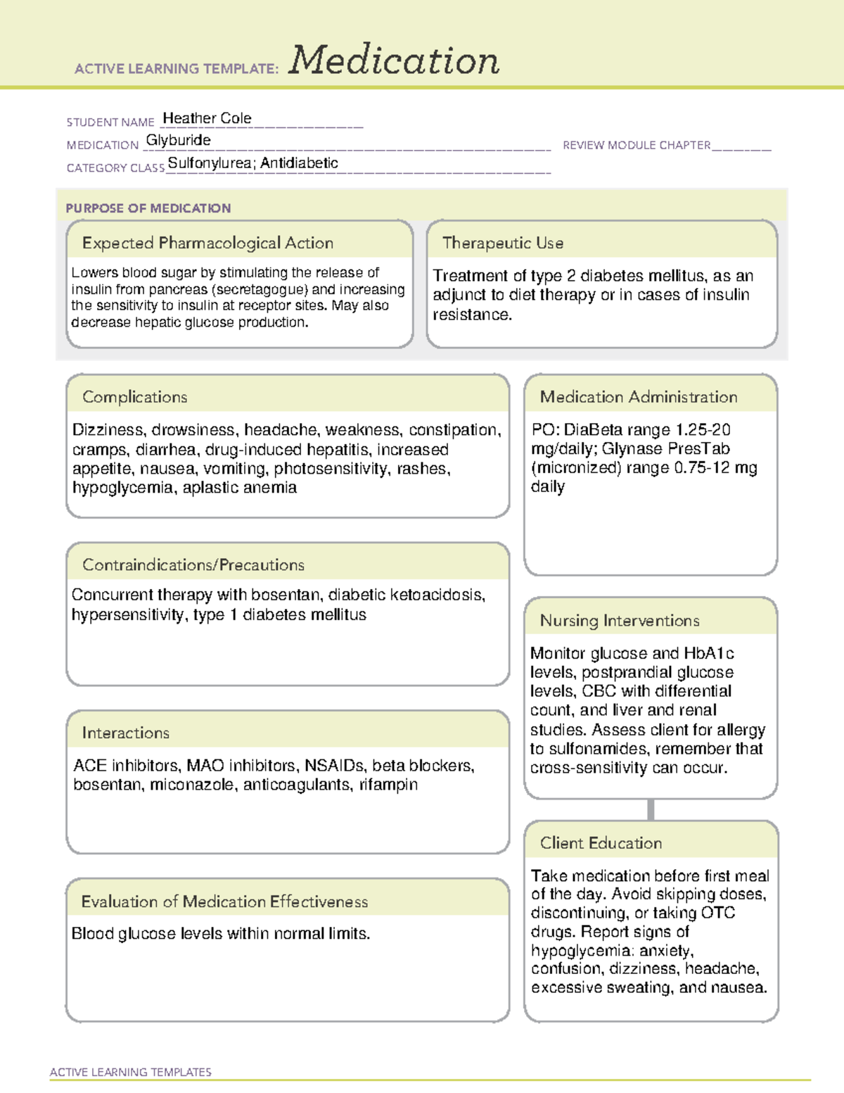 Glyburide drug cards ACTIVE LEARNING TEMPLATES Medication STUDENT