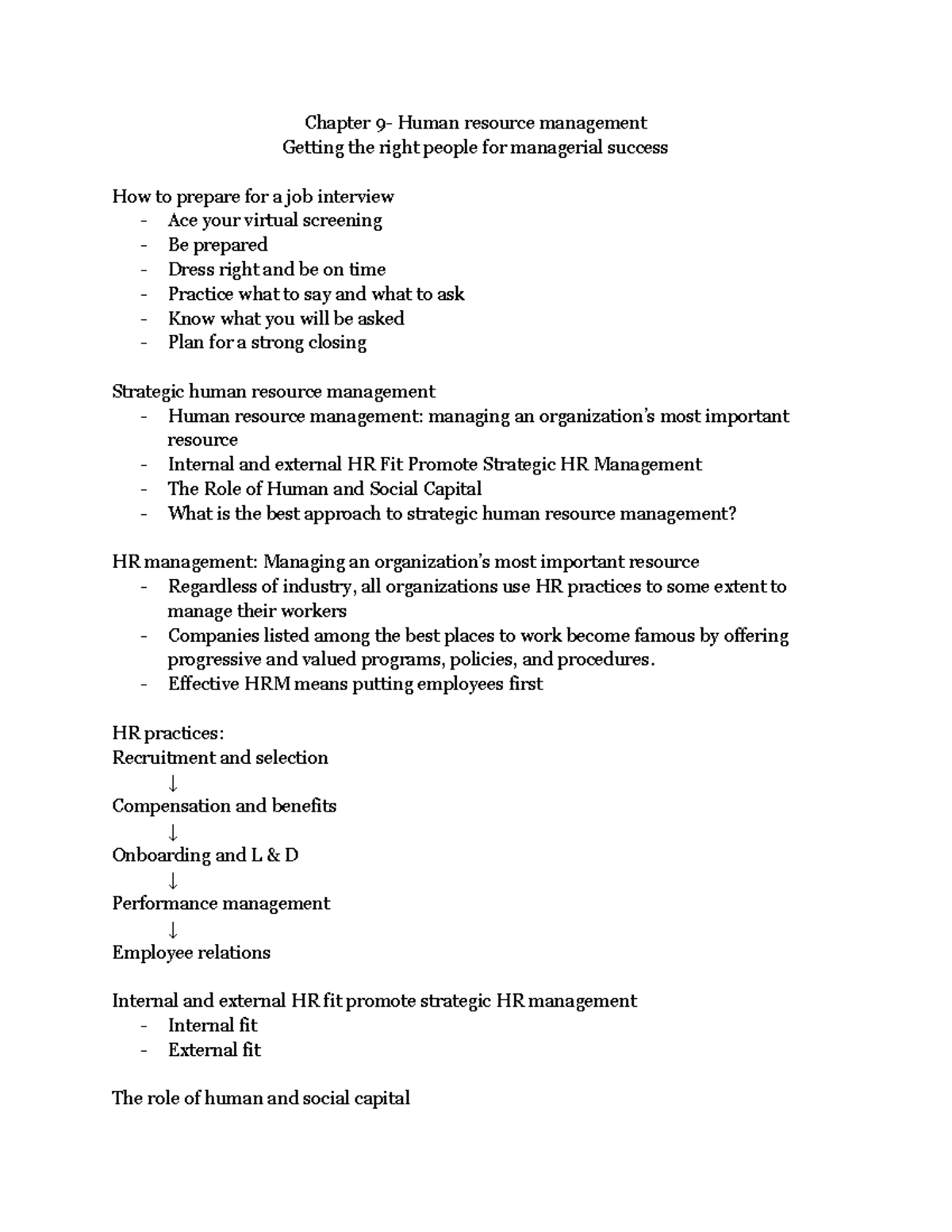 Organizational Management Chapter 9 Notes - Chapter 9- Human Resource ...