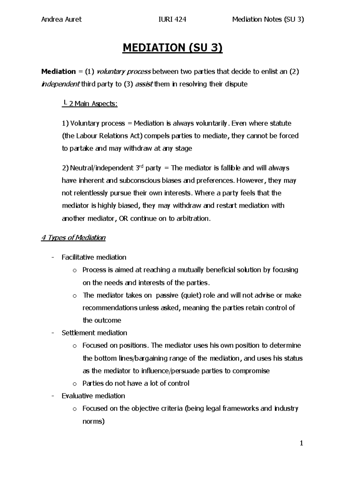 Notes on Mediation + Prescribed Reading - MEDIATION (SU 3) Mediation ...