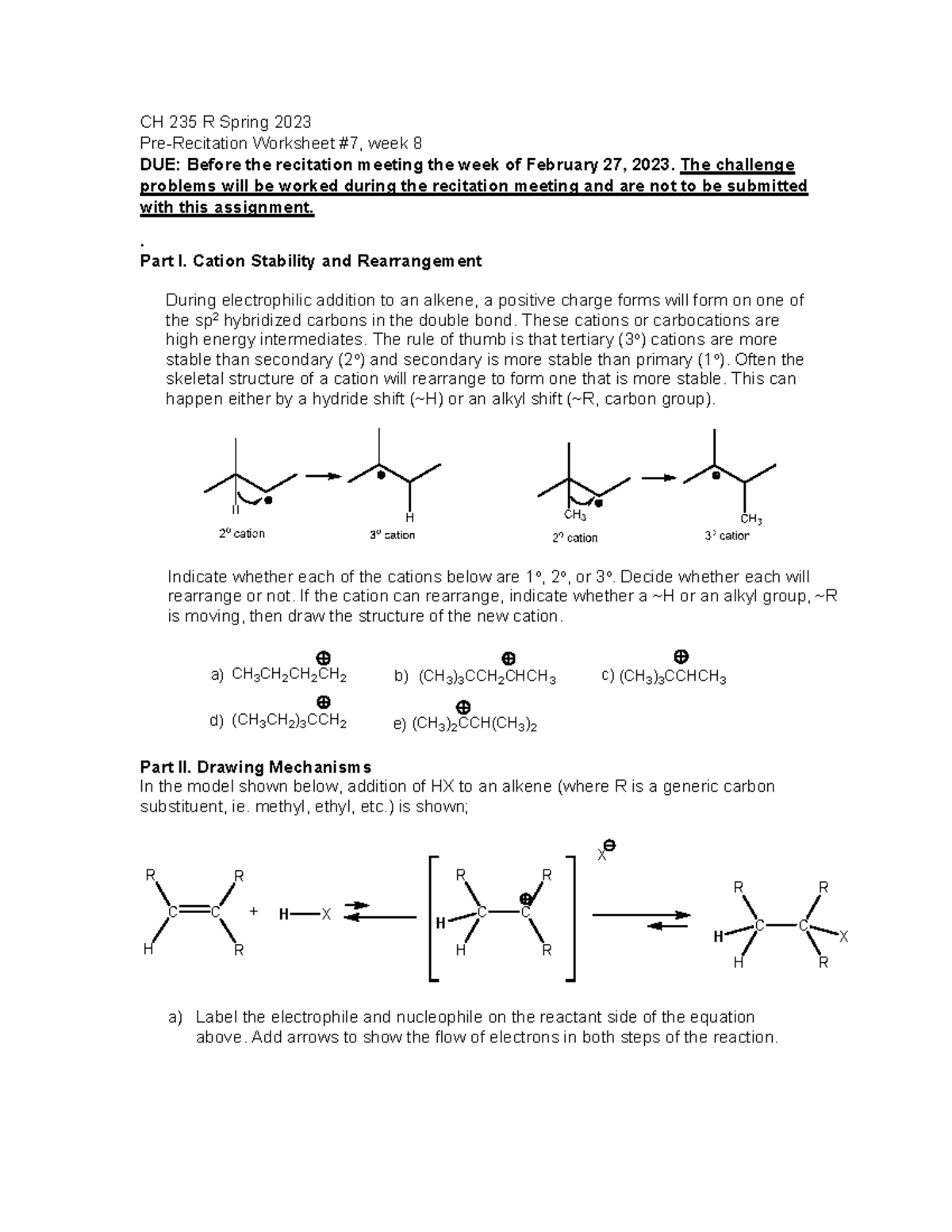 Recitation worksheet week 8 - CH 235 R Spring 2023 Pre-Recitation ...