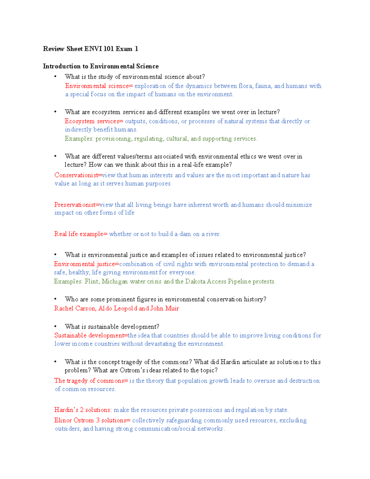 Review Sheet Exam 1 - Review Sheet ENVI 101 Exam 1 Introduction to ...