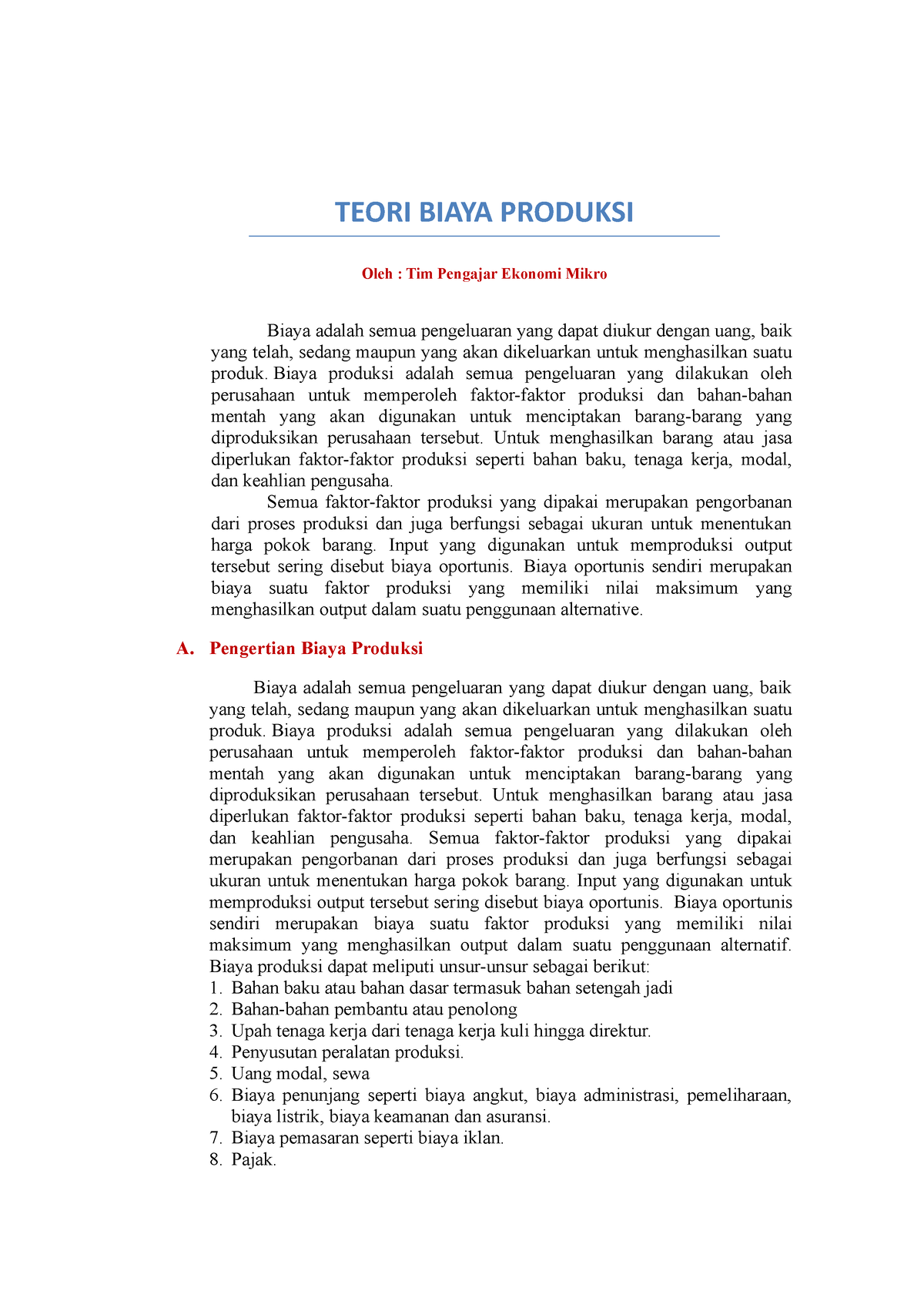 Teori Biaya Produksi - TEORI BIAYA PRODUKSI Oleh : Tim Pengajar Ekonomi ...