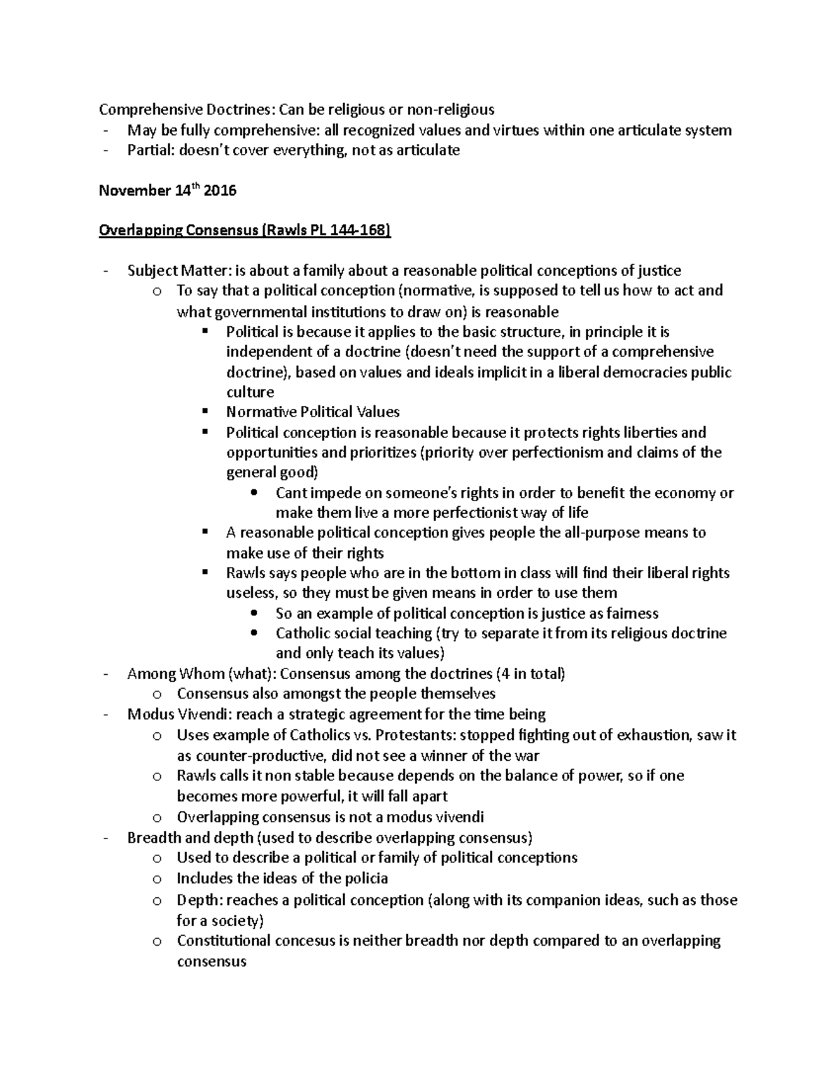 Overlapping Consenus Class Notes - Comprehensive Doctrines: Can be ...
