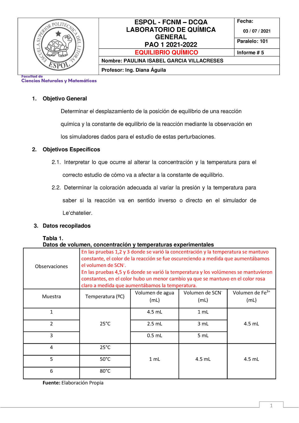 Trabajo 5 - Aaaaaaaaa - ESPOL - FCNM – DCQA LABORATORIO DE QUÍMICA ...