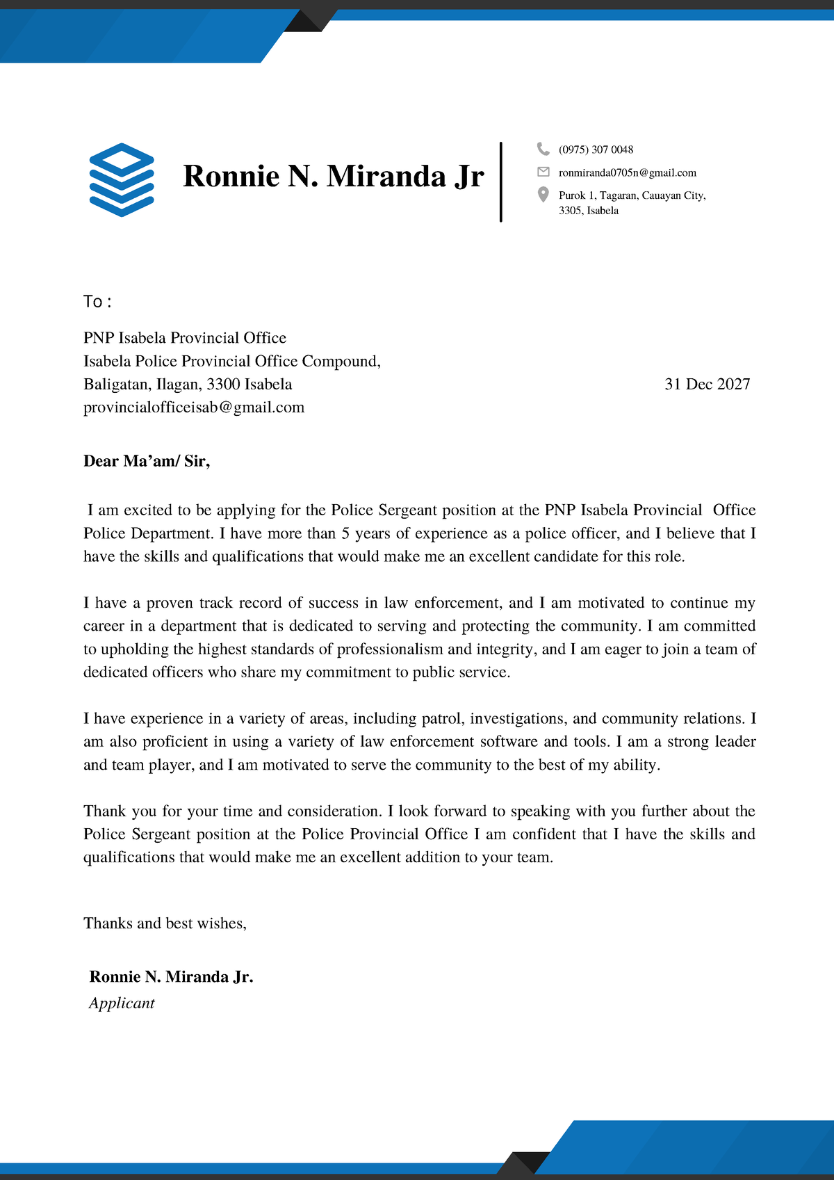 application letter in pnp