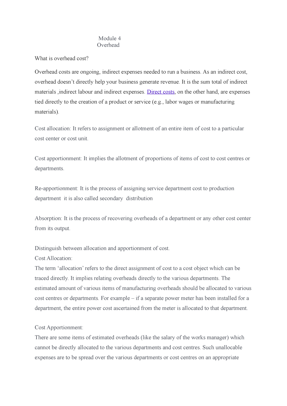 Overhread 2 - overhead - Module 4 Overhead What is overhead cost ...