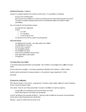 Intellectual property lecture 2 notes - IP law lecture 2: PATENTS 1 ...