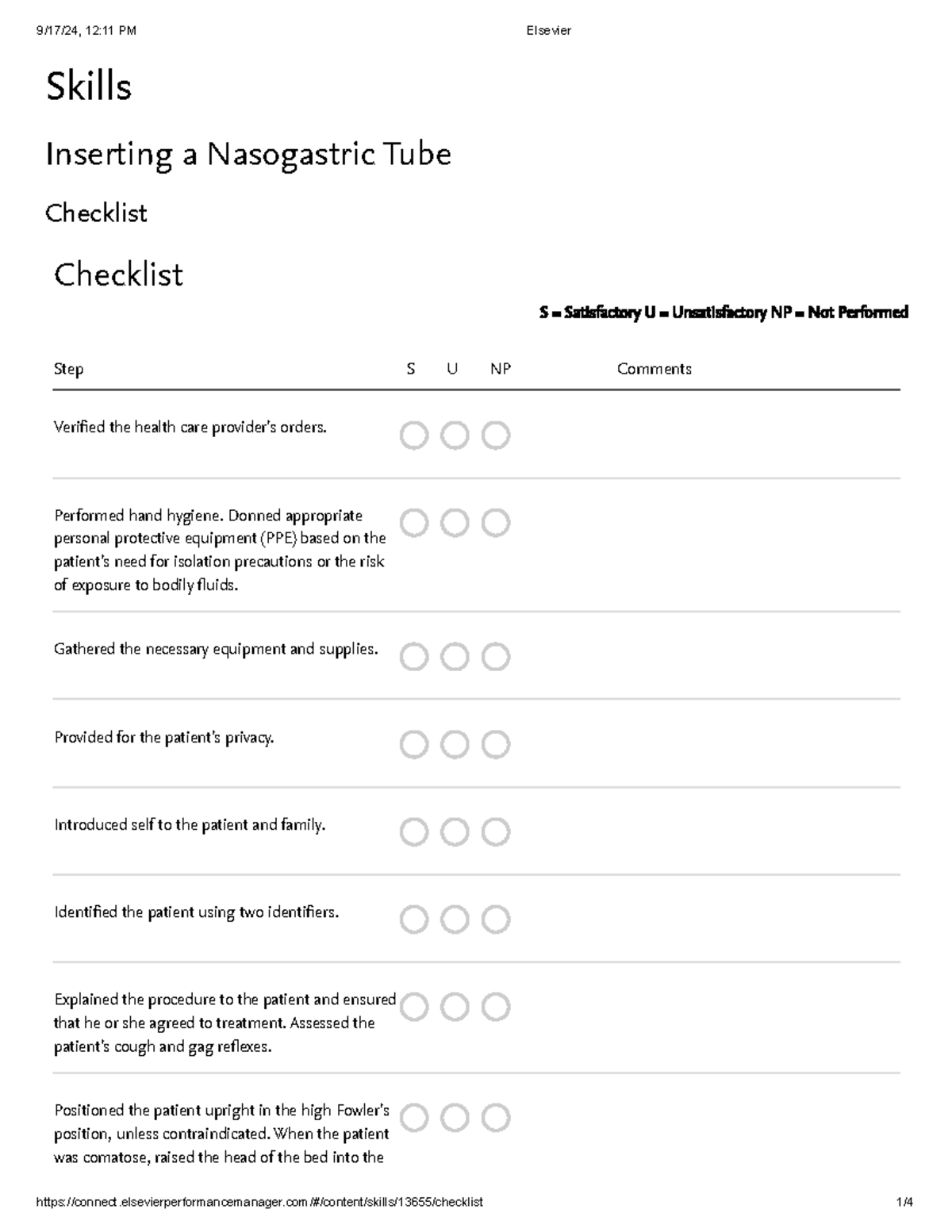 NJ tube incertion steps Fall 2024 Skills Inserting a Nasogastric Tube