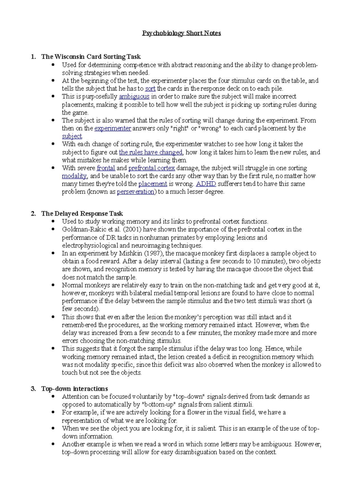 Psychobiology Short Notes - The Wisconsin Card Sorting Task Used for ...