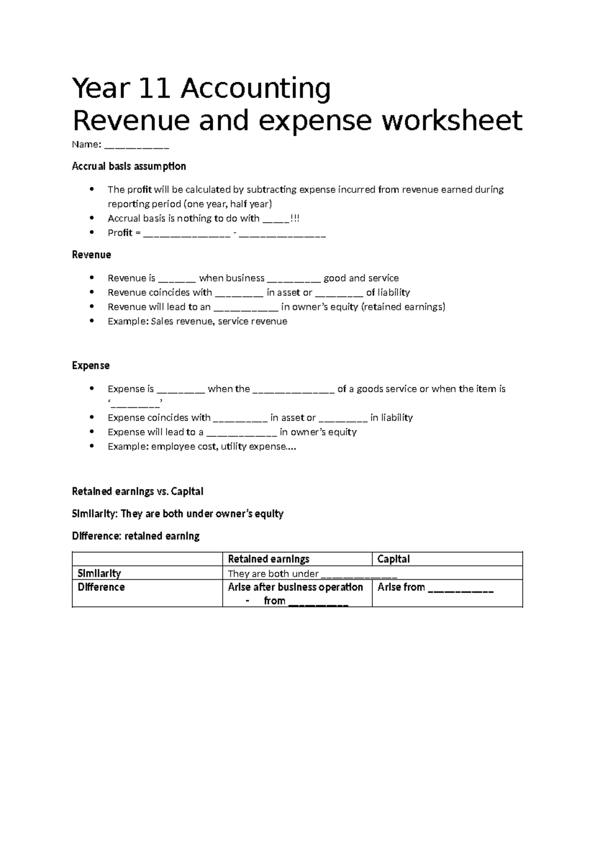 Year 11 revenue. expense worksheet - Year 11 Accounting Revenue and ...