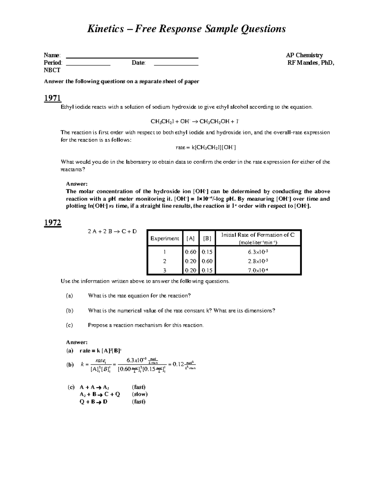 2013-2014 Kinetics - AP Free Response Questions - formated Answers ...