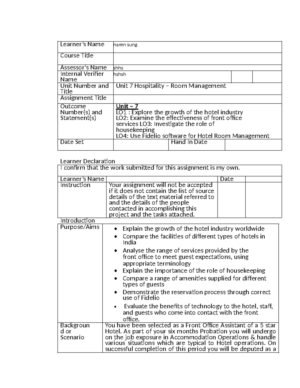 Hospitality-1 Assignments Written 9999 - Learner’s Name namn sung ...