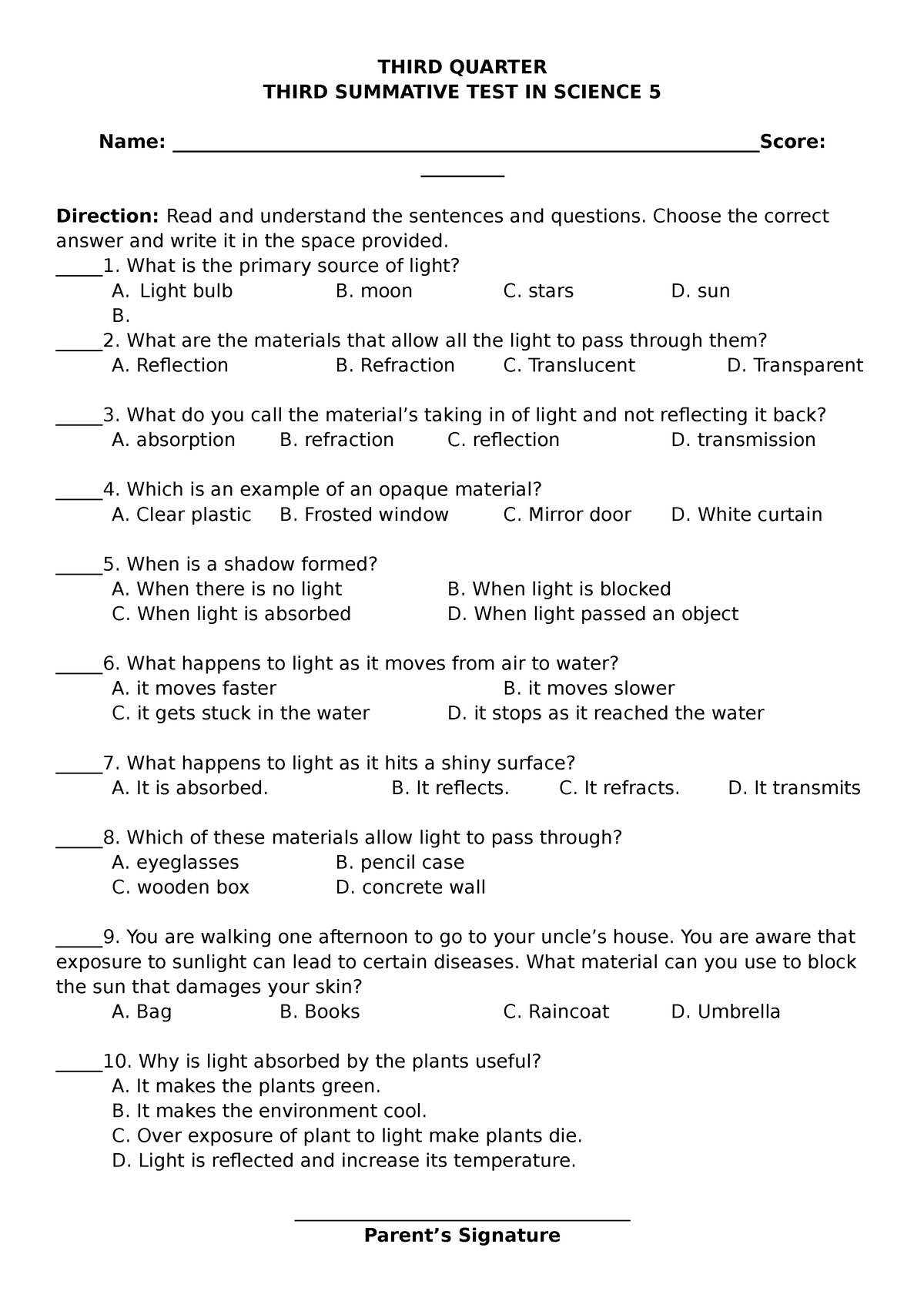 Q3 Science ST3 - THIRD QUARTER THIRD SUMMATIVE TEST IN SCIENCE 5 Name ...