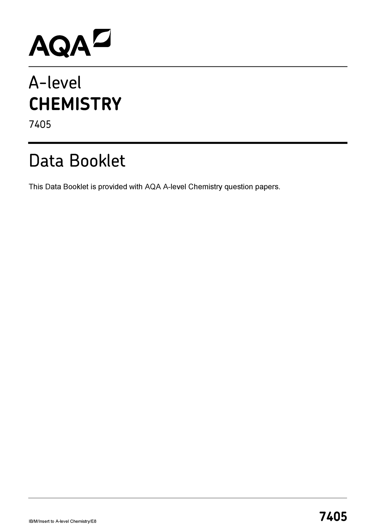 Data Sheet AQA A-Level Chemistry - IB/M/Insert To A-level Chemistry/E 8 ...