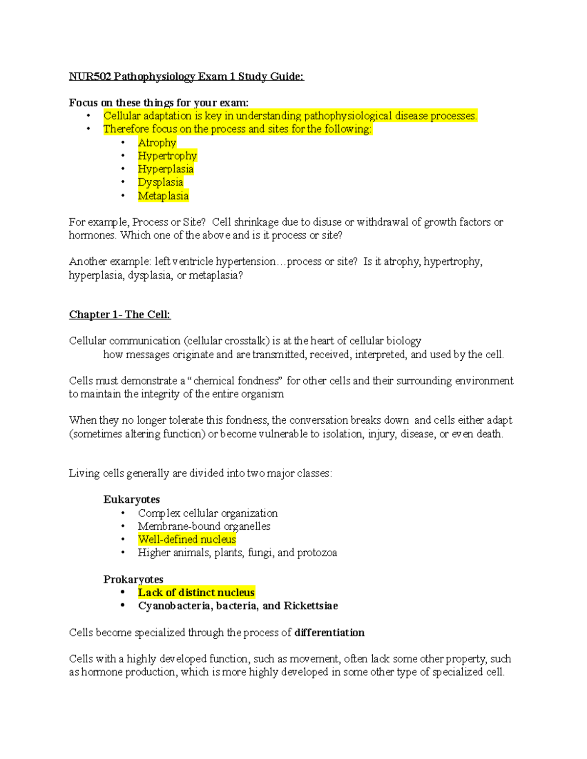 Adv. Patho Exam 1 Study Guide - NUR502 Pathophysiology Exam 1 Study ...