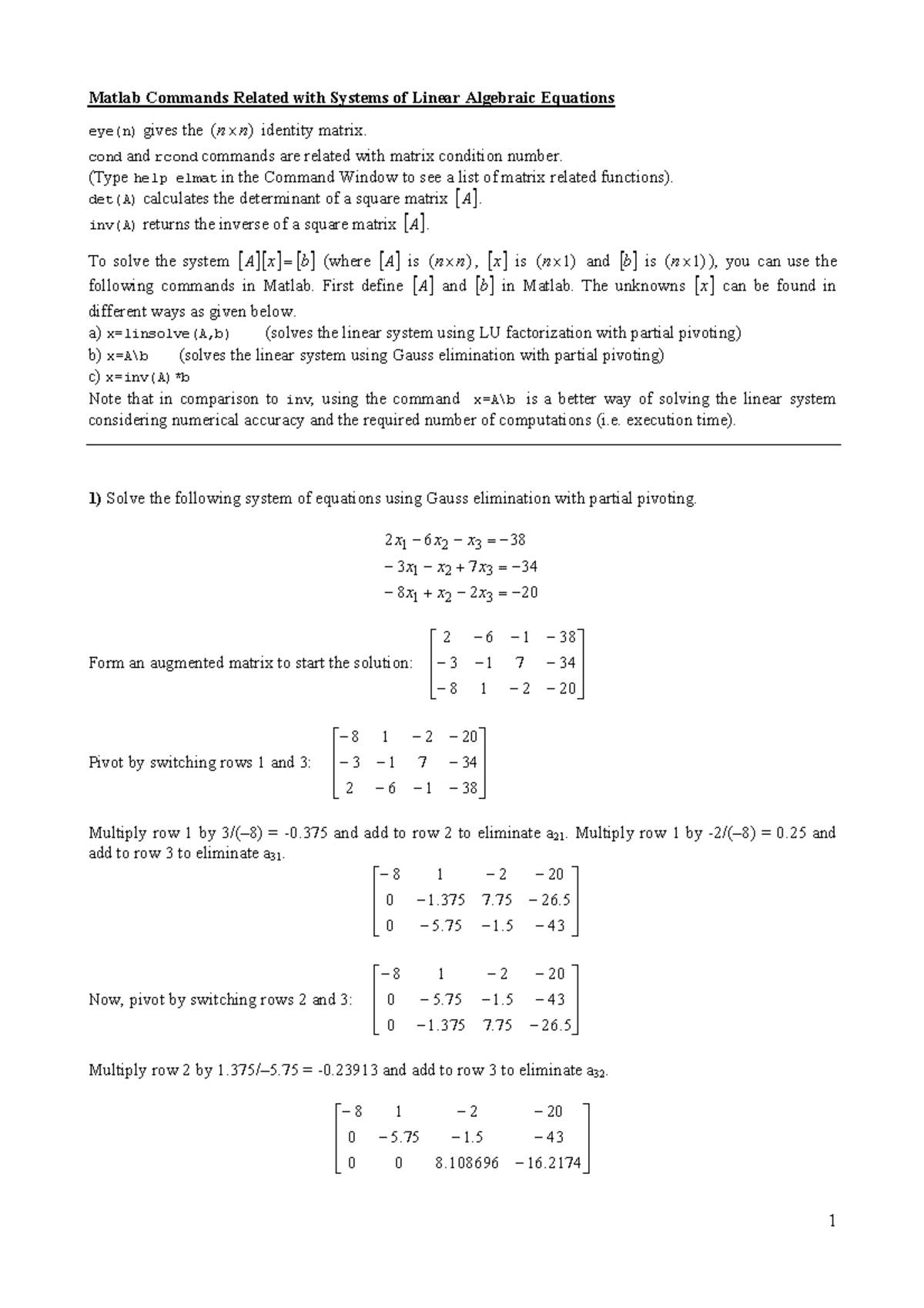Example Qs-6 - Matlab Commands Related with Systems of Linear Algebraic ...
