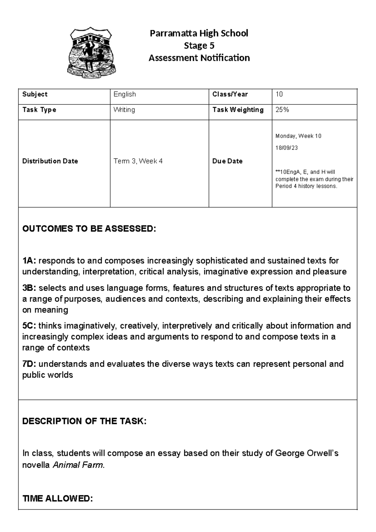 AF Essay Notification 2023 - Parramatta High School Stage 5 Assessment ...