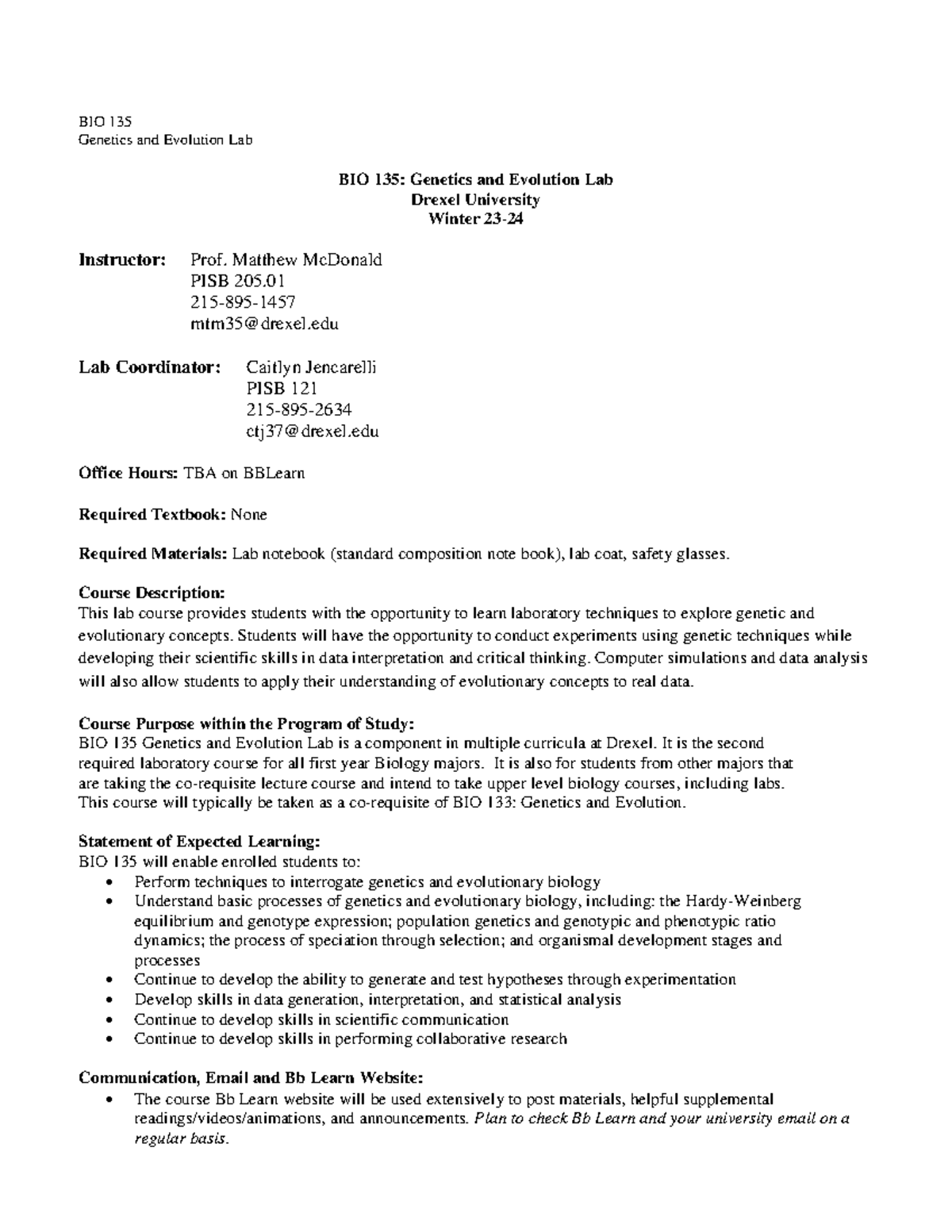 BIO 135 Syllabus and Evolution Lab BIO 135 and