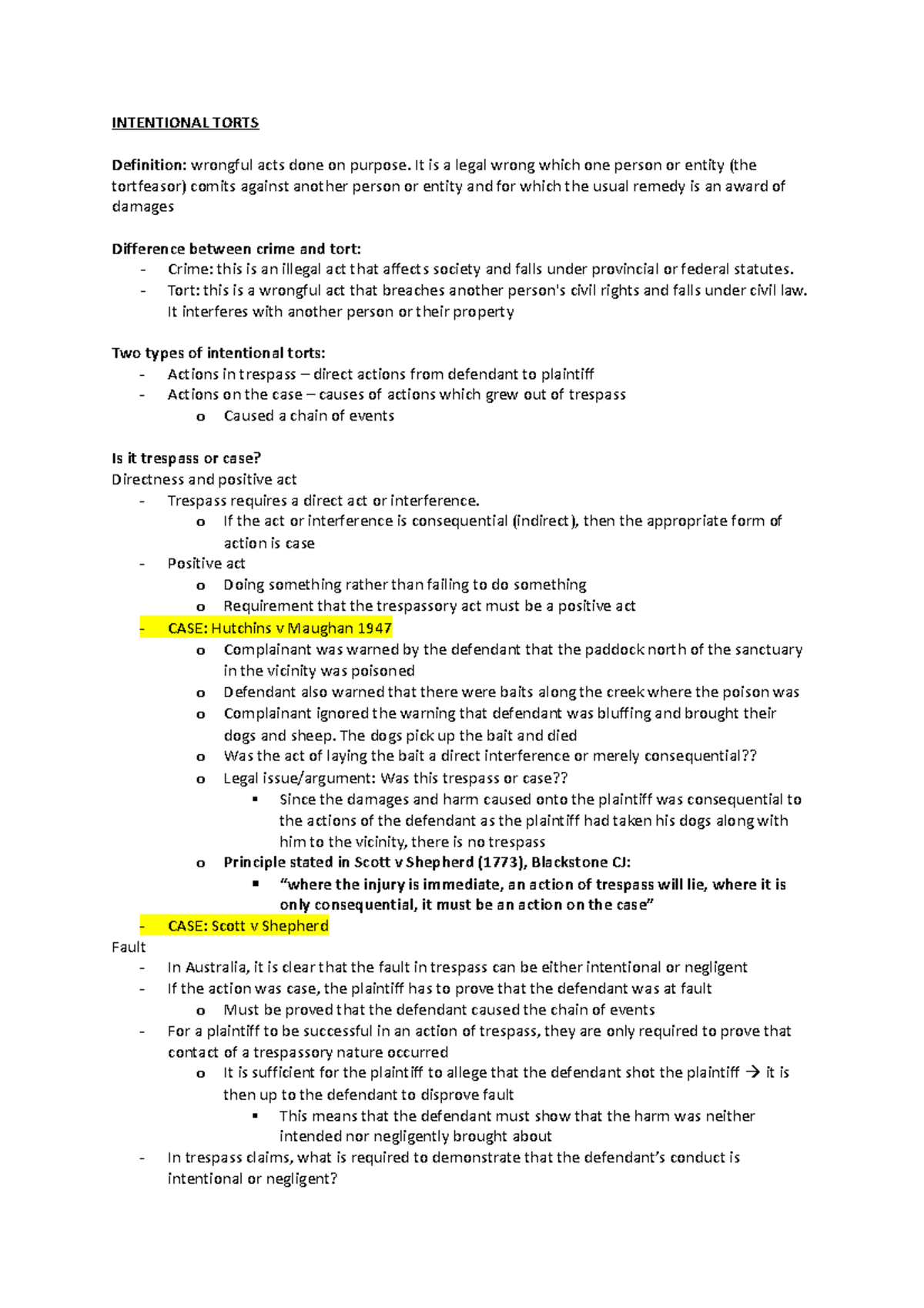Final EXAM PREP LAWS1052 2 - INTENTIONAL TORTS Definition: wrongful ...