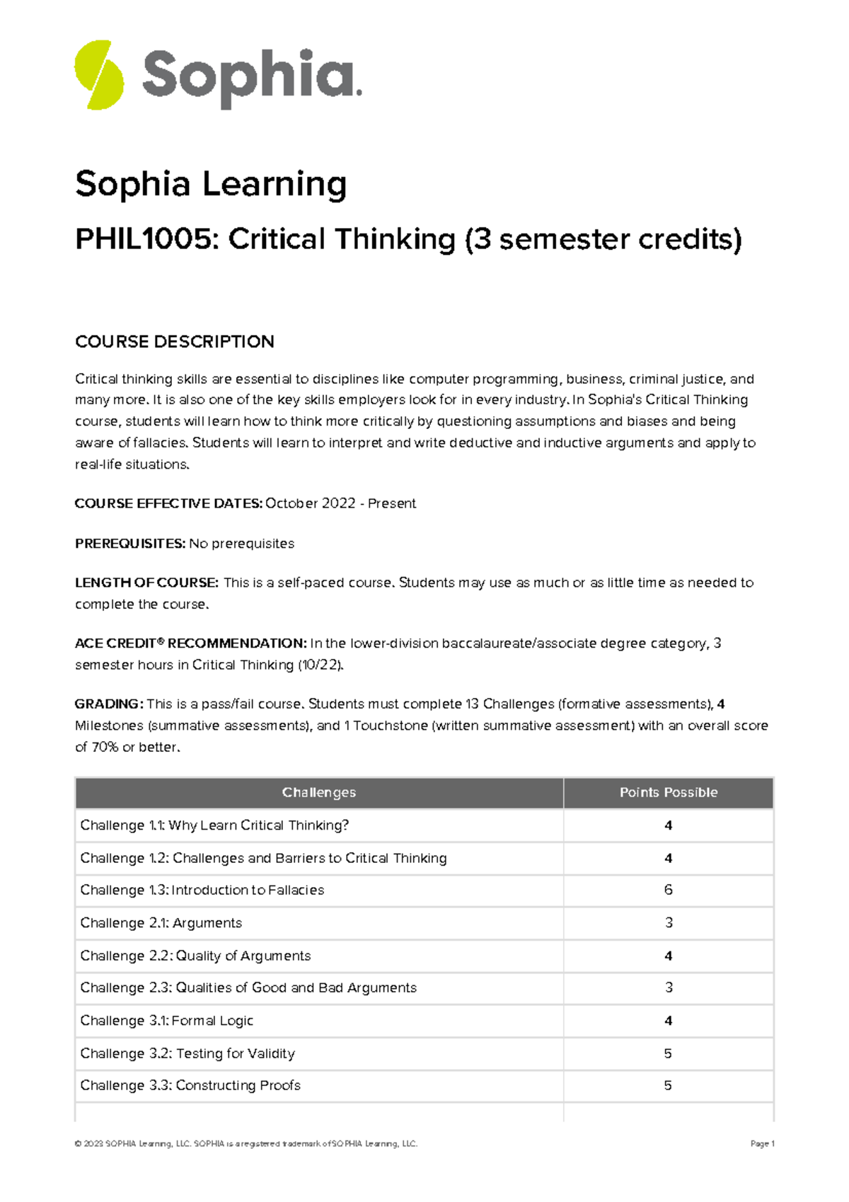 Sophia Critical Thinking Syllabus - Sophia Learning PHIL1005: Critical ...