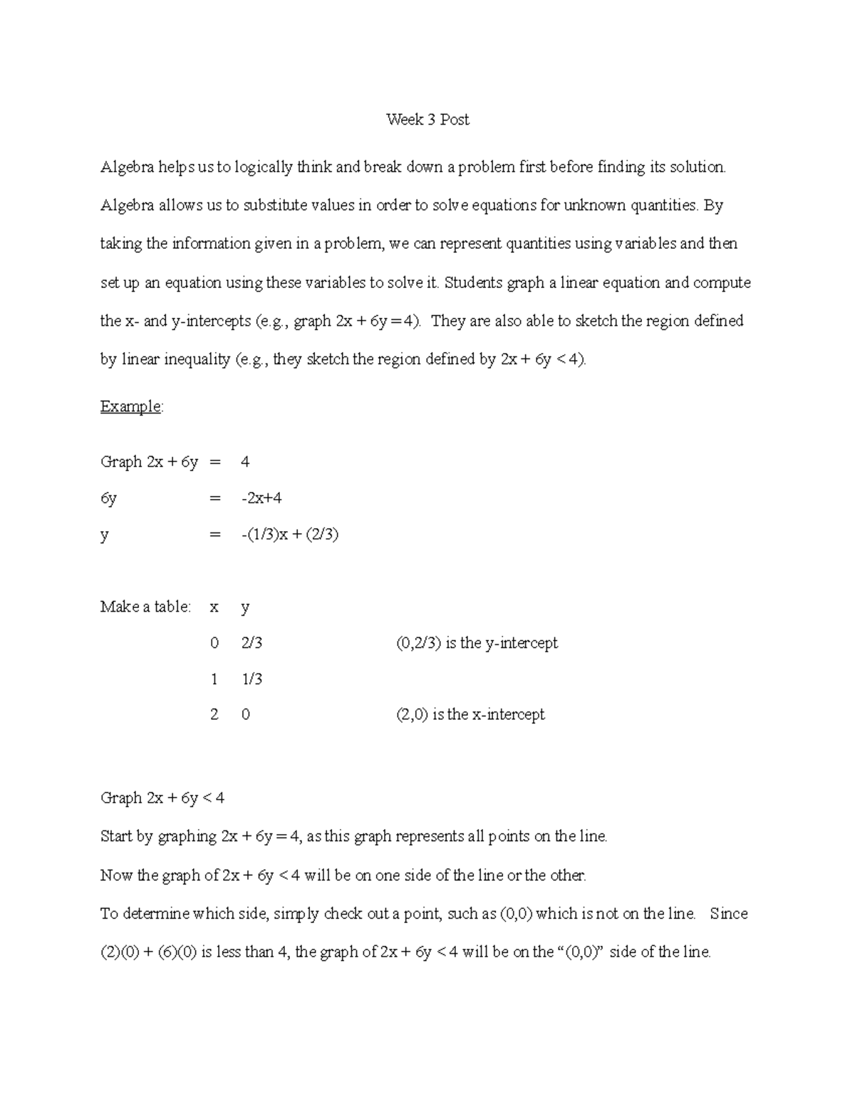 Week 3 Post - Week 3 Discussion Post - Week 3 Post Algebra helps us to ...