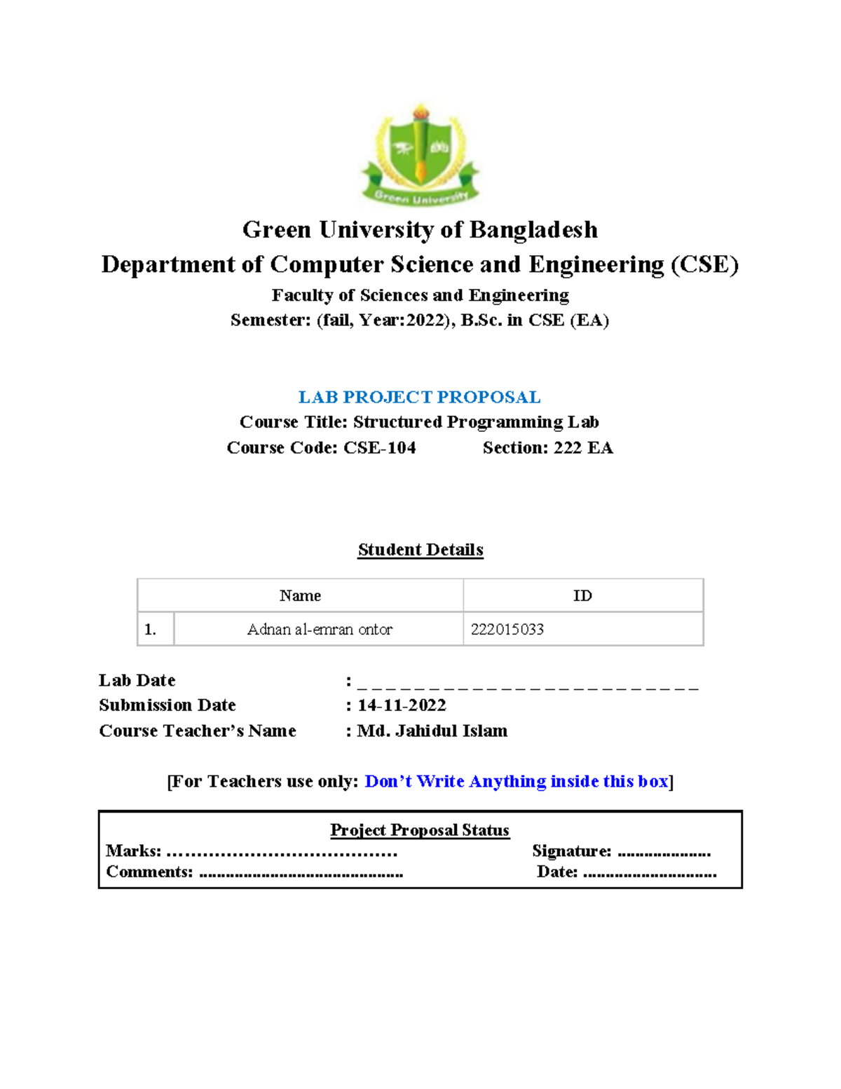 Lab Project Proposal ID 222015 033 Adnan al emran ontor - Green ...
