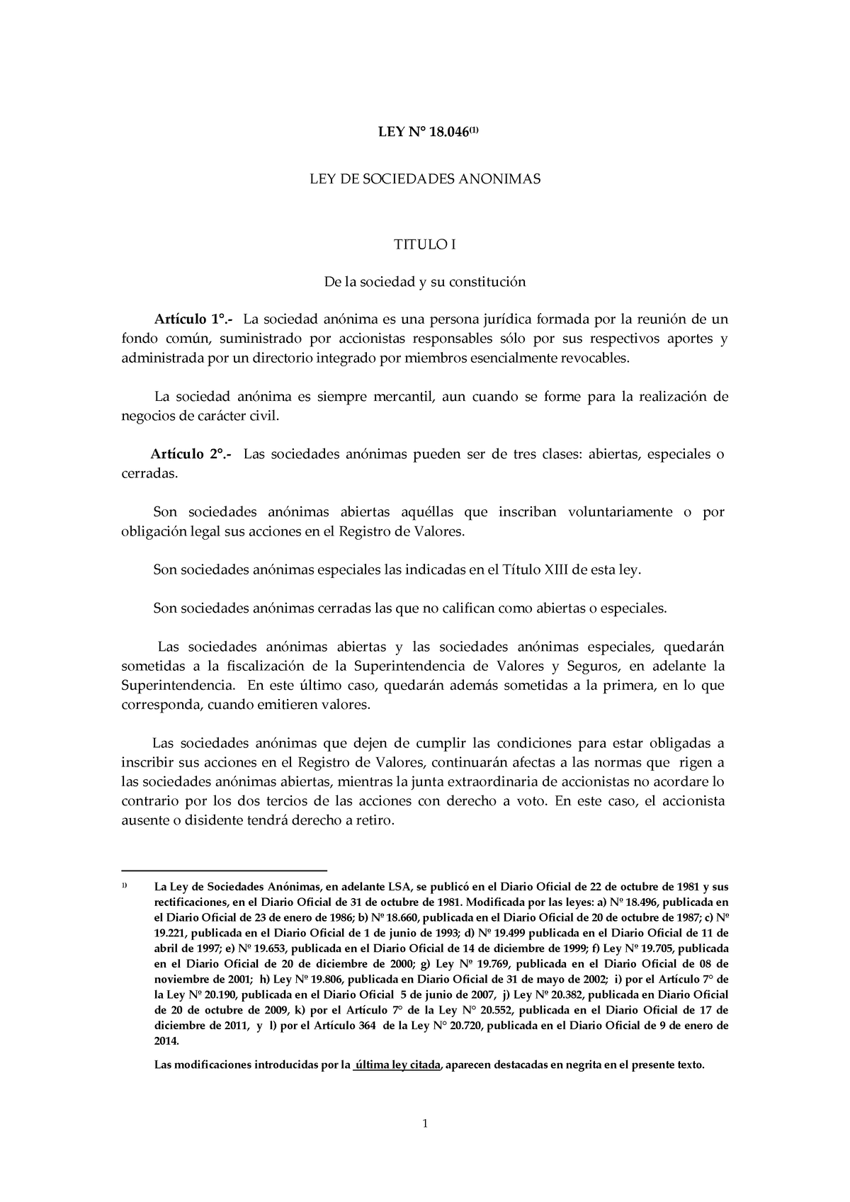 Ley 18046 De Sociedades Anónimas Ley N° 18 1 Ley De Sociedades Anonimas Titulo I De La 6152