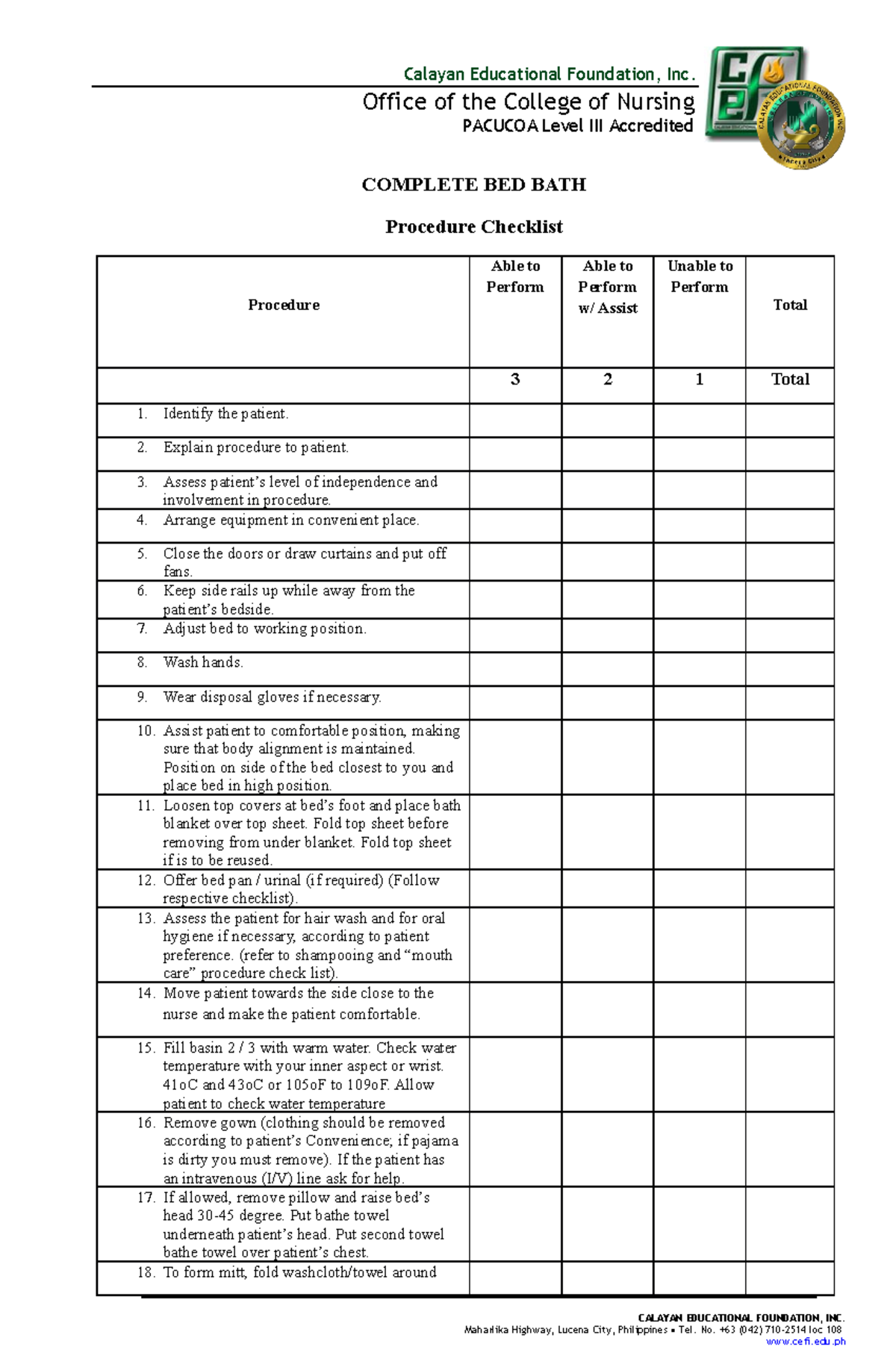 BED BATH Checklist COMPLETE BED BATH Procedure Checklist Procedure